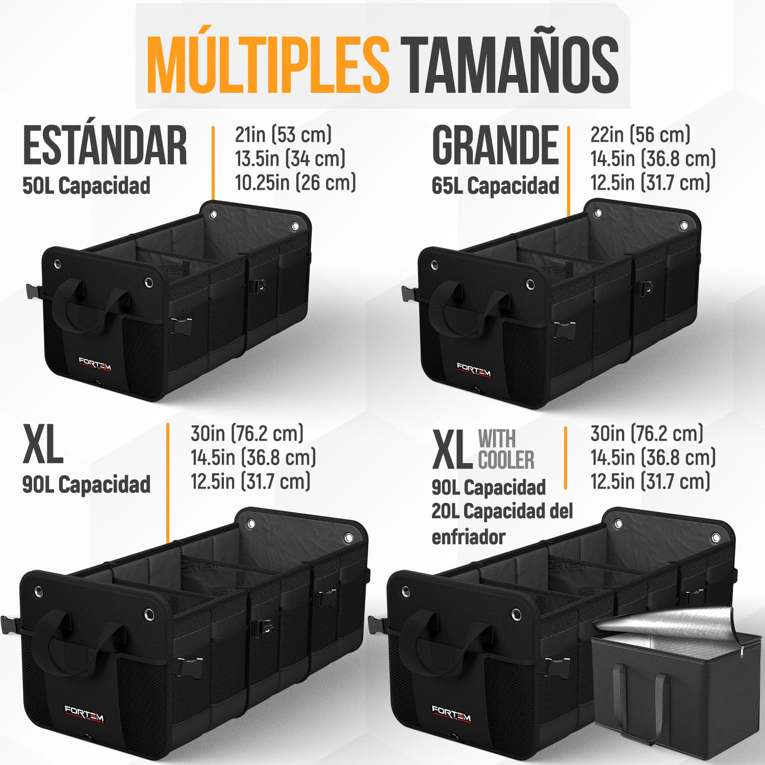 FORTEM Organizador Maletero SUV, Caja Plegable con Compartimentos, Accesorios Auto Mujer Hombre, Tela Oxford 1680D, Base Antideslizante, Correas Ajustables, Tapa Suave (90L)