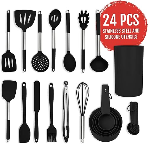 Miniatura 4 de Culinary Couture Juego de 24 utensilios de cocina de acero inoxidable negro y silicona, utensilios de cocina resistentes al calor, utensilios de