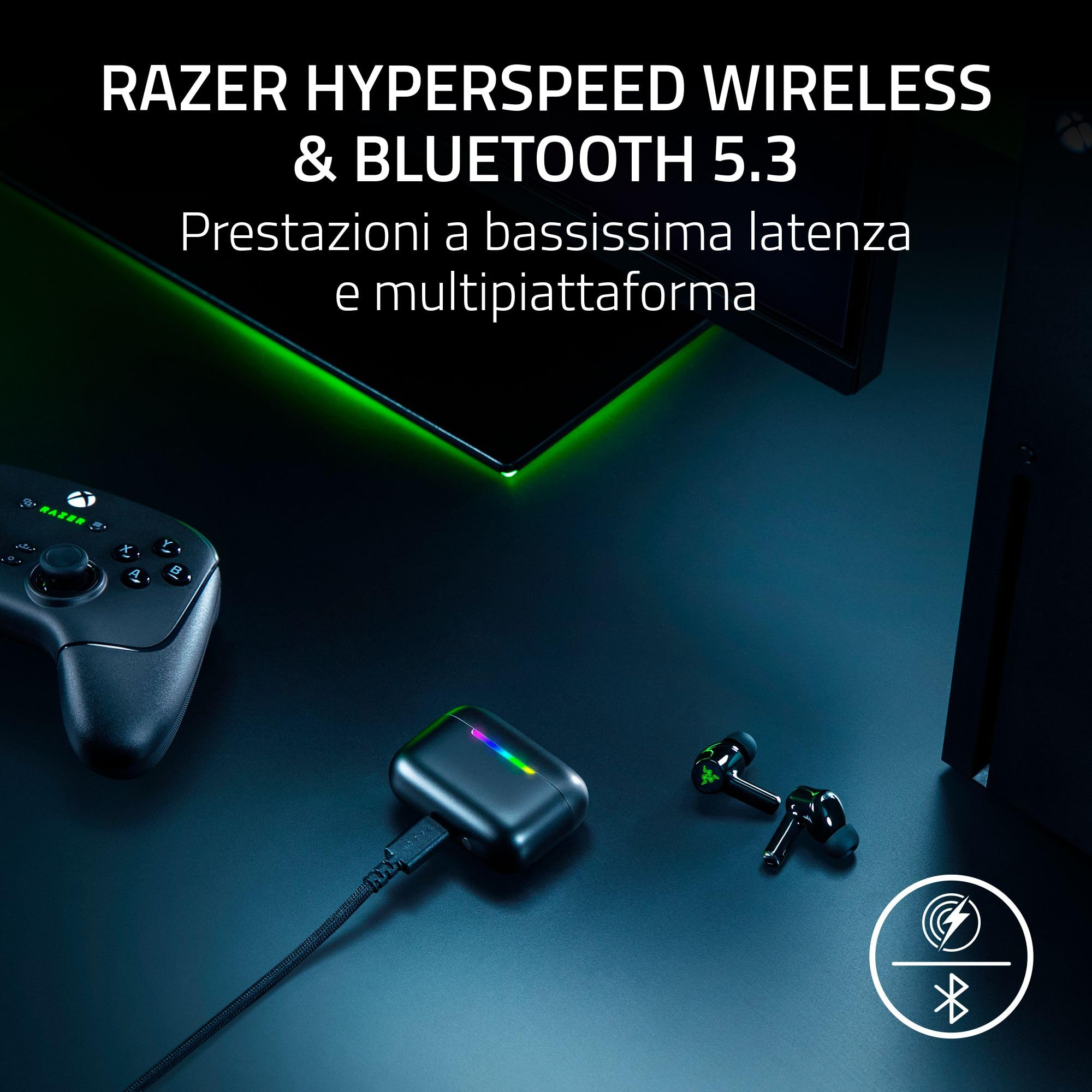 Razer Hammerhead V3 X HyperSpeed Xbox - Auricolari wireless da gaming multipiattaforma - HyperSpeed Wireless e Bluetooth - 40 ore - Resistenti all'acqua IPX4 - THX Spatial Audio | Nero