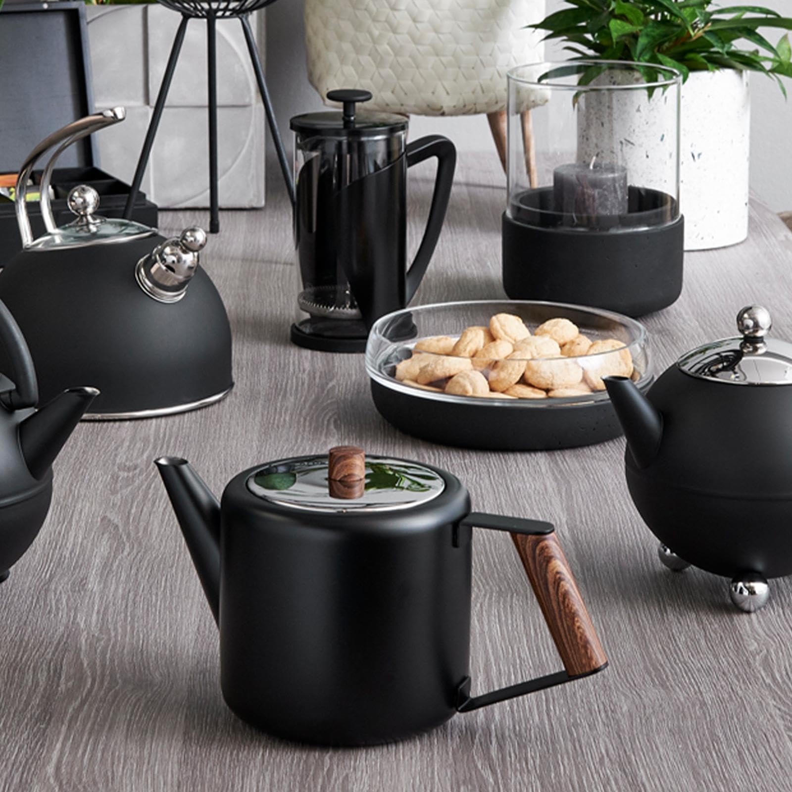 Bredemeijer Teekanne Set 1.1 Liter - Edelstahl doppelwandig Schwarz - Großer moderner Teebereiter mit Tee-Filter-Sieb-Aufsatz für losen Tee - inkl. Holz-Untersetzer schwarz