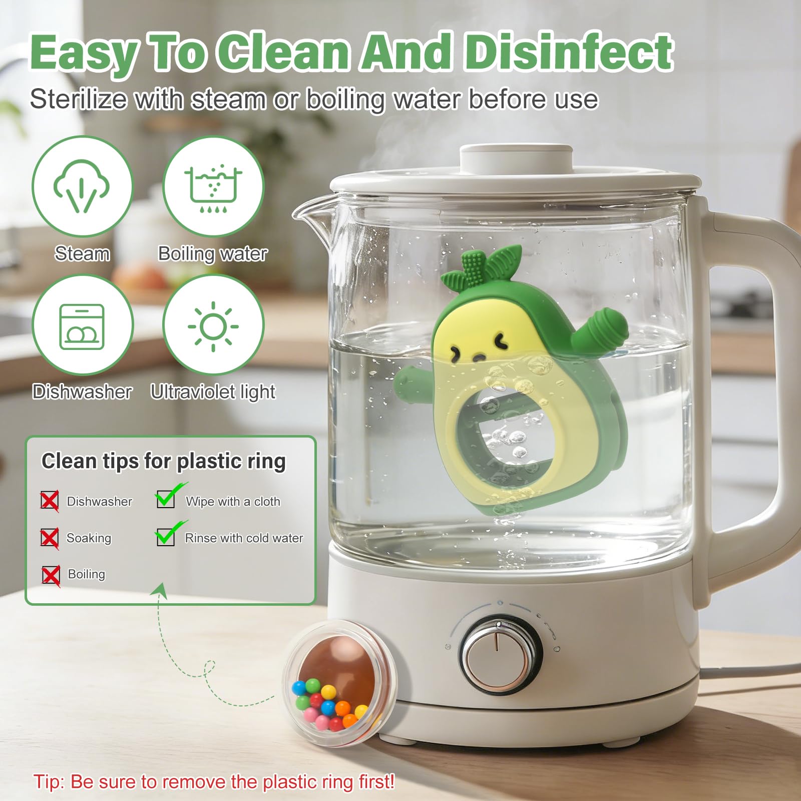 Beißring Baby, Zahnungshilfe aus Silikon, Baby Spielzeug ab 0 3 6 9 Monate, Beissring Babys, Rassel Ruder Greifling Beißspielzeug, BPA-frei, für Jungen & Mädchen, Geschenk für Kleinkind (Grün) - 5