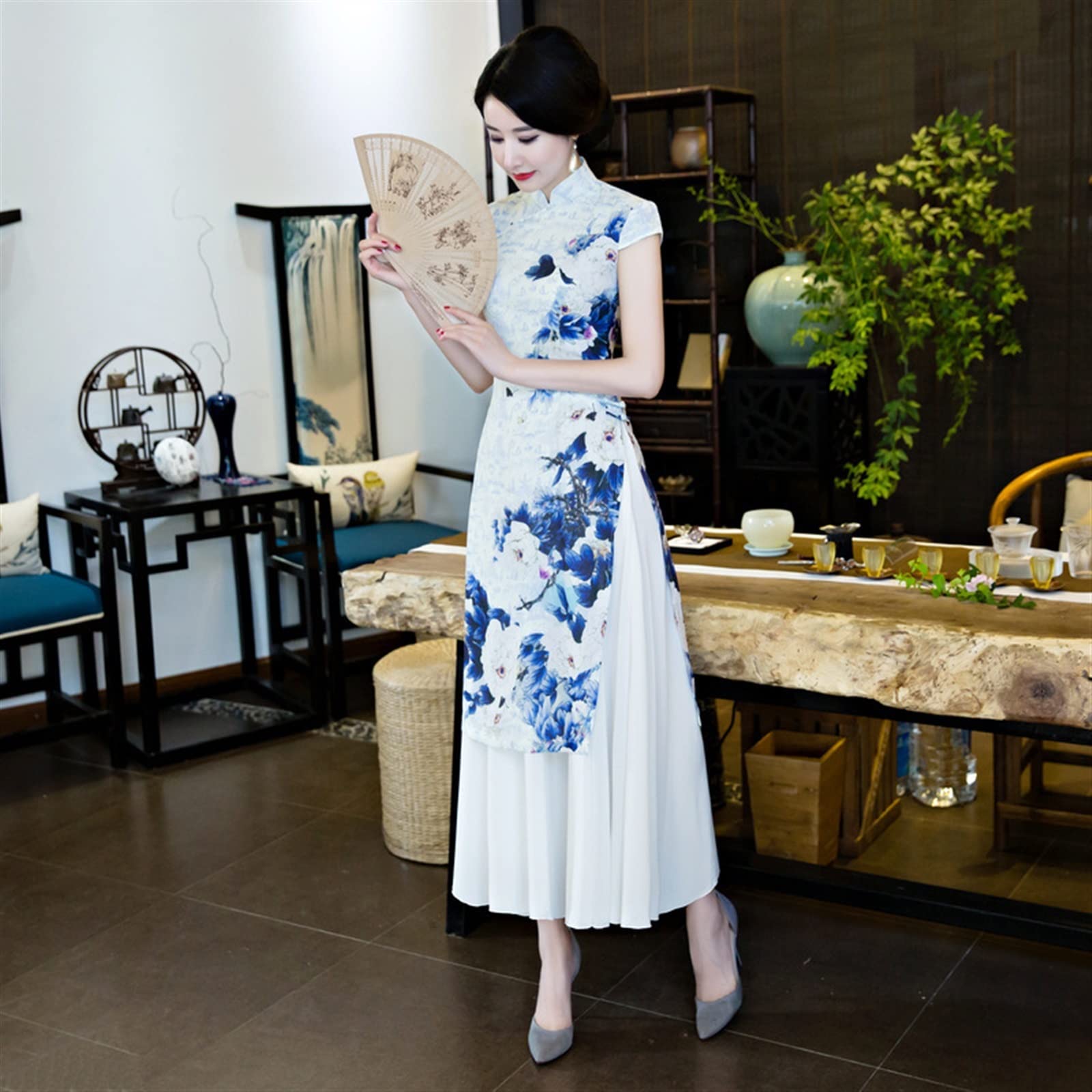 Vintage Ulepszenia Wietnamska Sukienka Ao Dai Lato Długa Podwójna Warstwa Rozcięcie Ao Dai Cheongsam Ubrania dla Mam Wybieg Qipao Poliester(3XL)