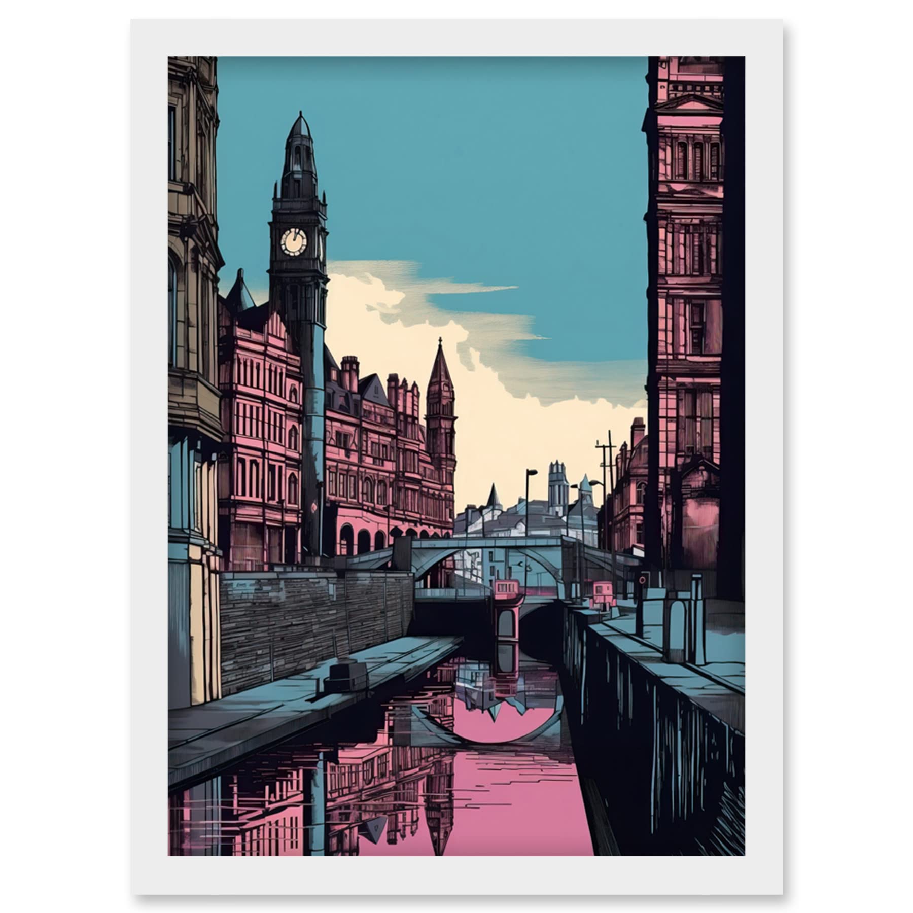 Leeds Canal Cityscape Art Print - Pink and Teal Illustration - Framed Wall Art A4 - Artery8