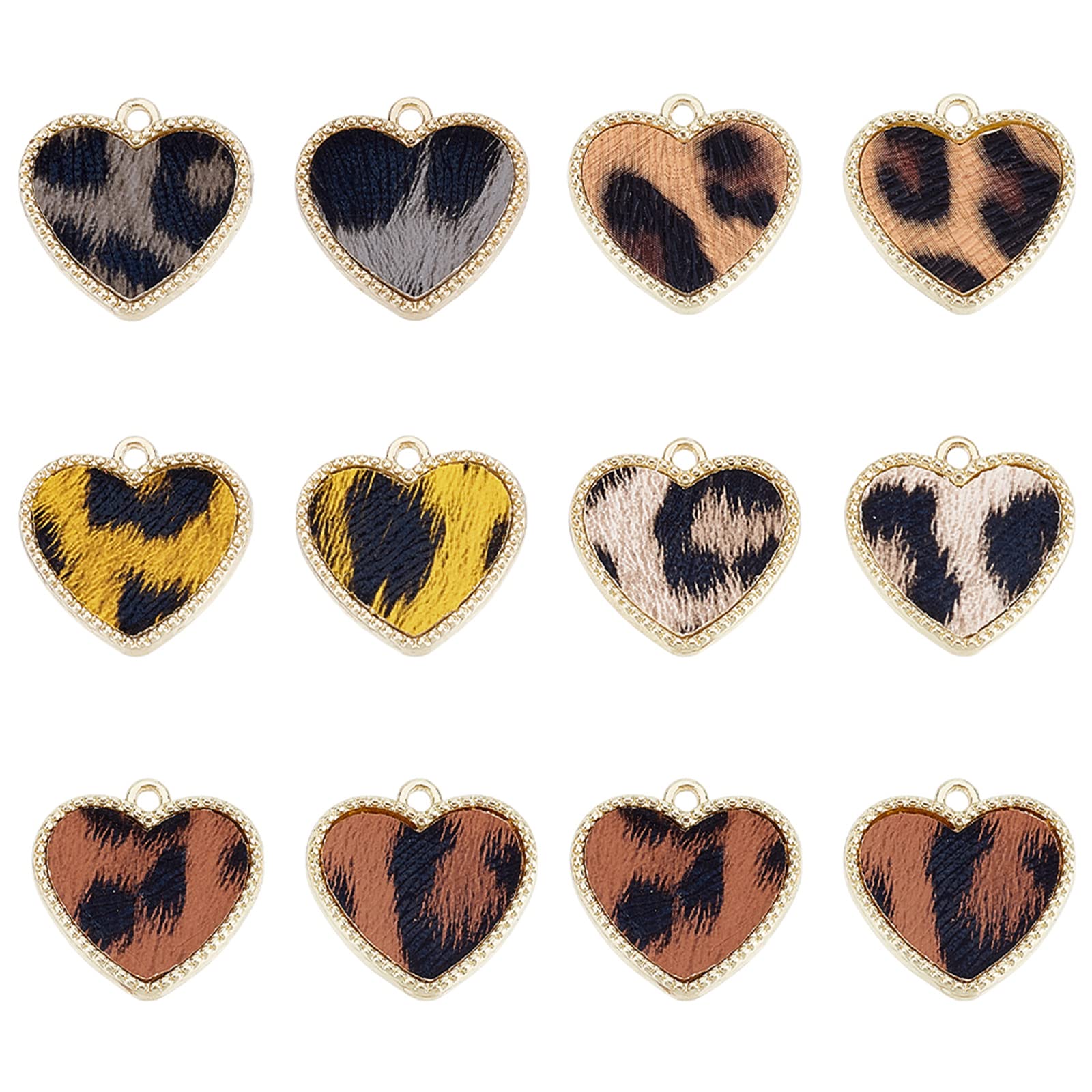 OLYCRAFT 12Pcs 5 Color Heart Leopard Print Leather Pendants Gold Plated Alloy Leopard Leather Charms Heart PU Leather Earrings Pendants with Loop for Earring Necklace Bracelet Jewelry Making
