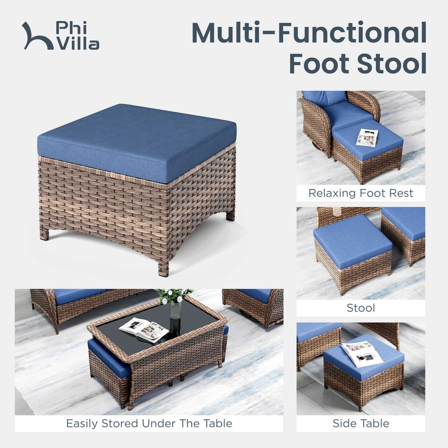 PHI VILLA Patio Furniture Set, 6 Pieces Wicker Outdoor Conversation Set with 2 High Back Patio Swivel Chairs, 3-Seat Rattan Patio Sofa Couch, 2 Muti-Functional Ottomans (Navy Blue Cushions)