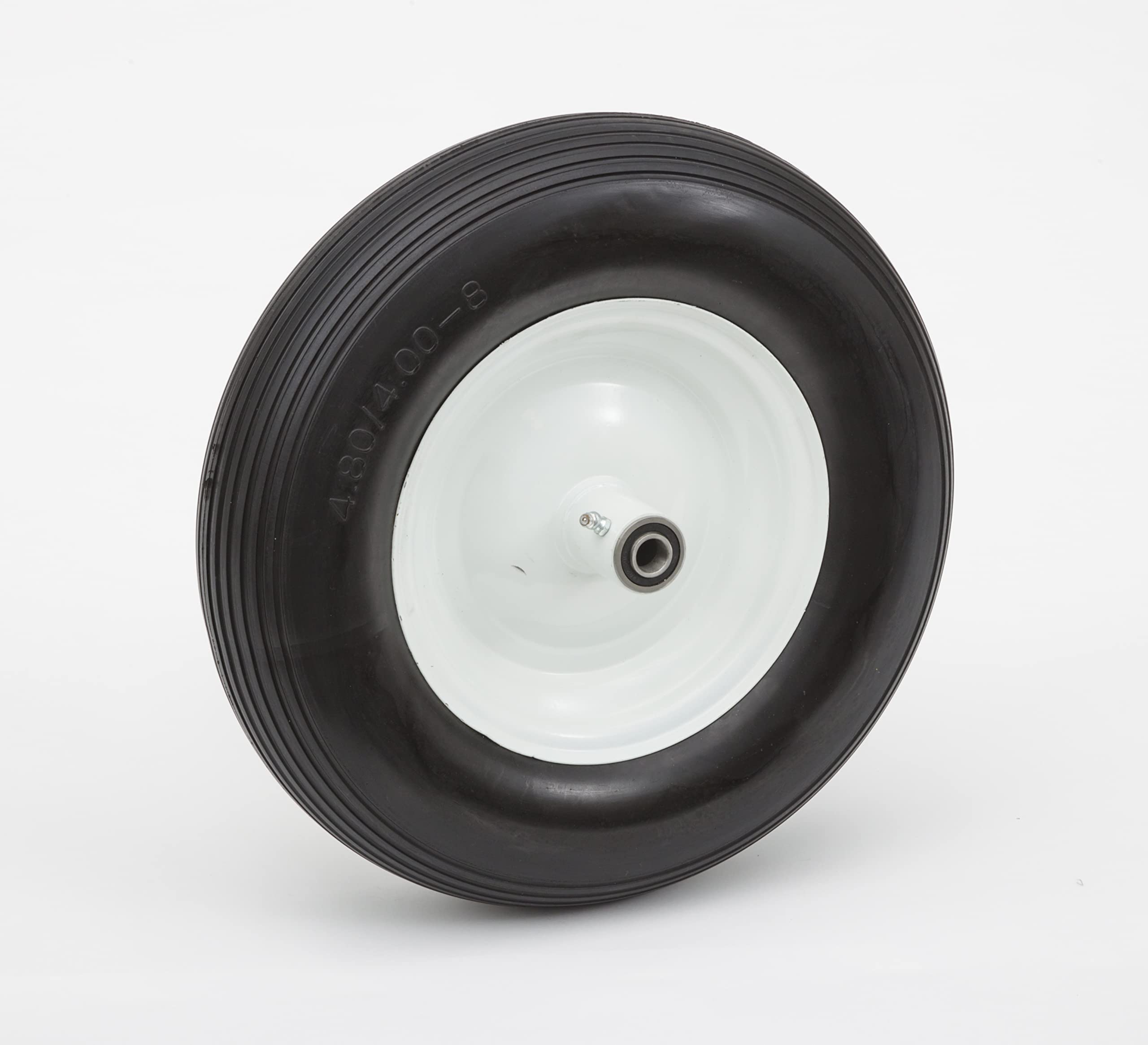 Photo 1 of Lapp Wheels 16" 4.80/400-8 Flat Free Wheelbarrow Tire, White rim, Wheel/Hub/Bearing size options, Ribbed Tread Pattern (16FF6CR-34) 6"Hub length - 3/4" Bearing