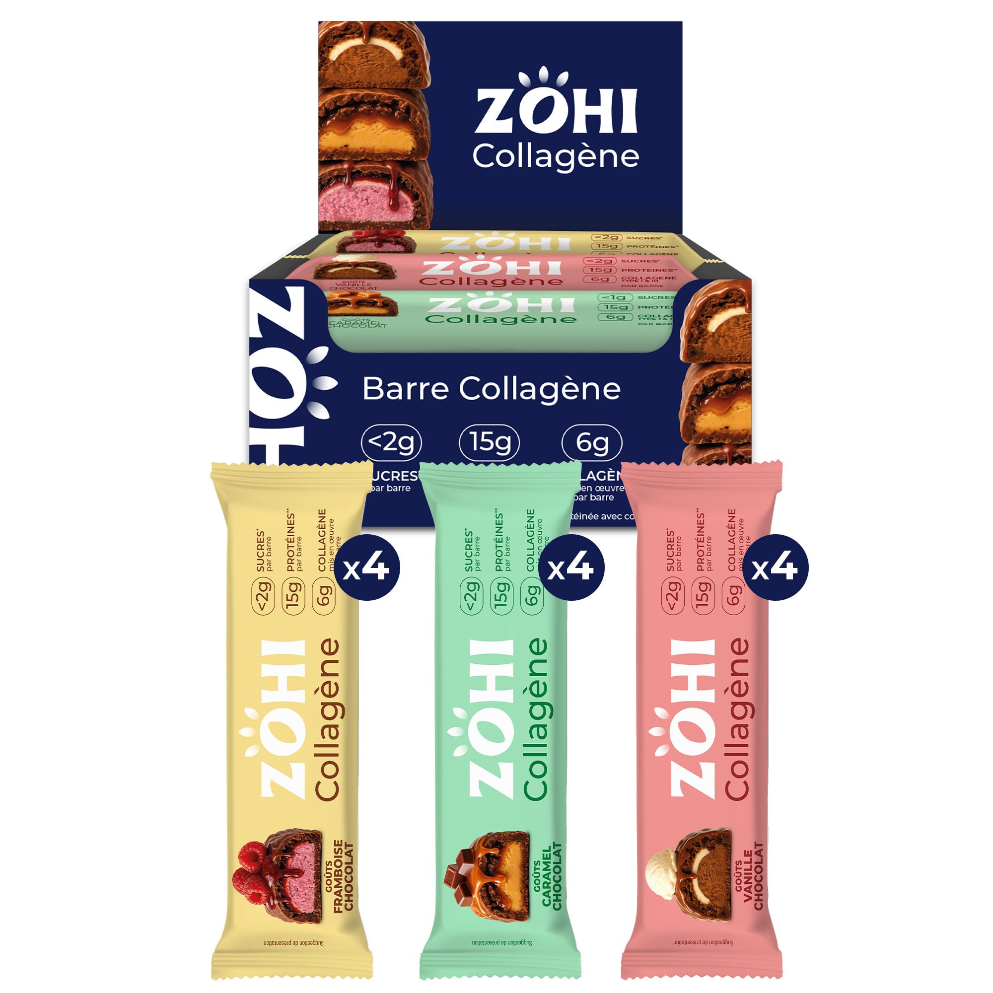 ZOHI - Pack Découverte de 12 barres aux 3 Saveurs - Barres au Collagène Riche en Protéines et Faible en Sucre Saveurs Chocolat et Vanille, Chocolat et Caramel, Bien-être - 12 x 50g