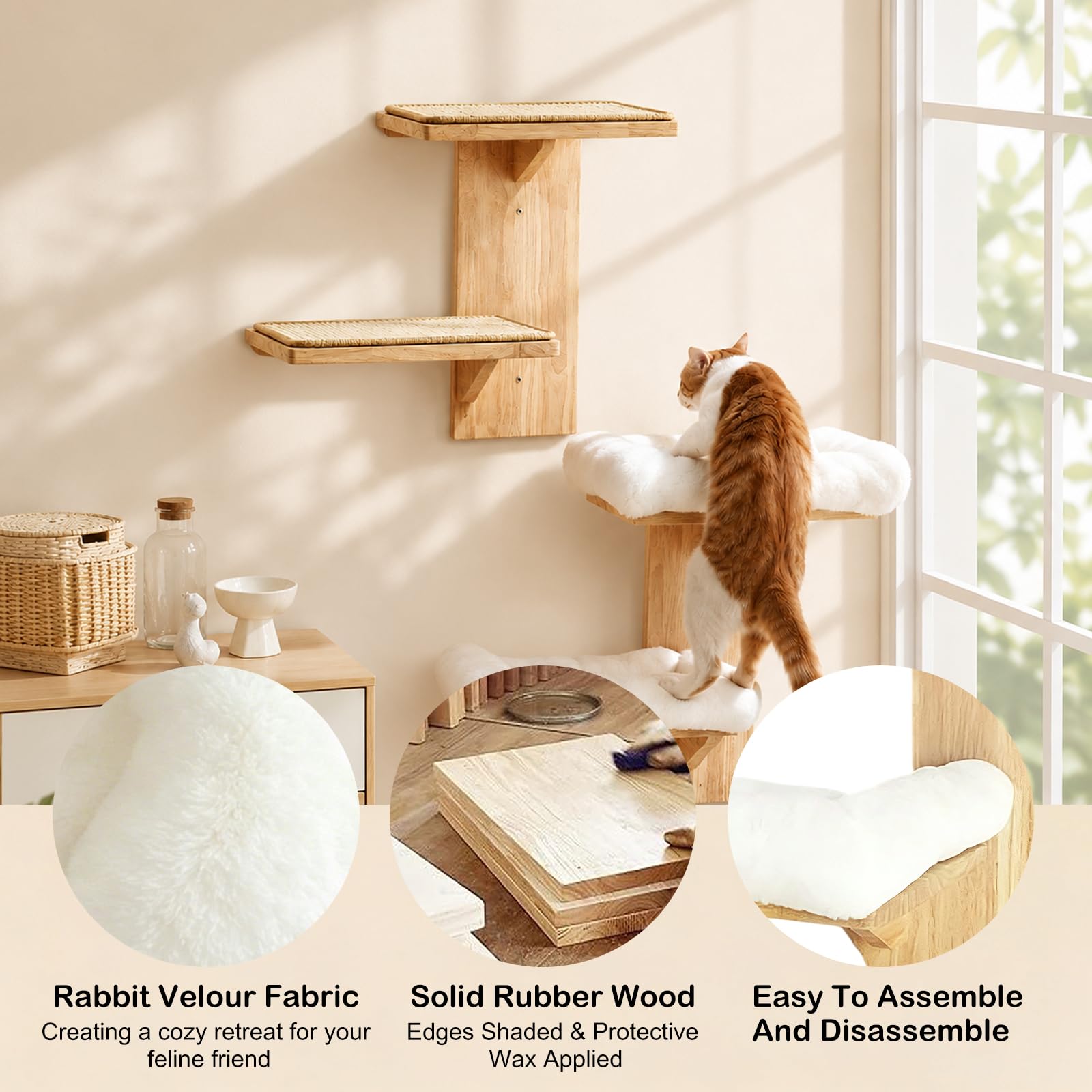 Kletterwand Katze, Doppellagig Plattform-Katzen-Wandmöbel aus Massives Gummiholz, Kleiner Katzenbaum, 40,6 cm Wandmontiertes Katzen mit Plüschbett, Wandregale zum Klettern, Spielen (Plüsch)