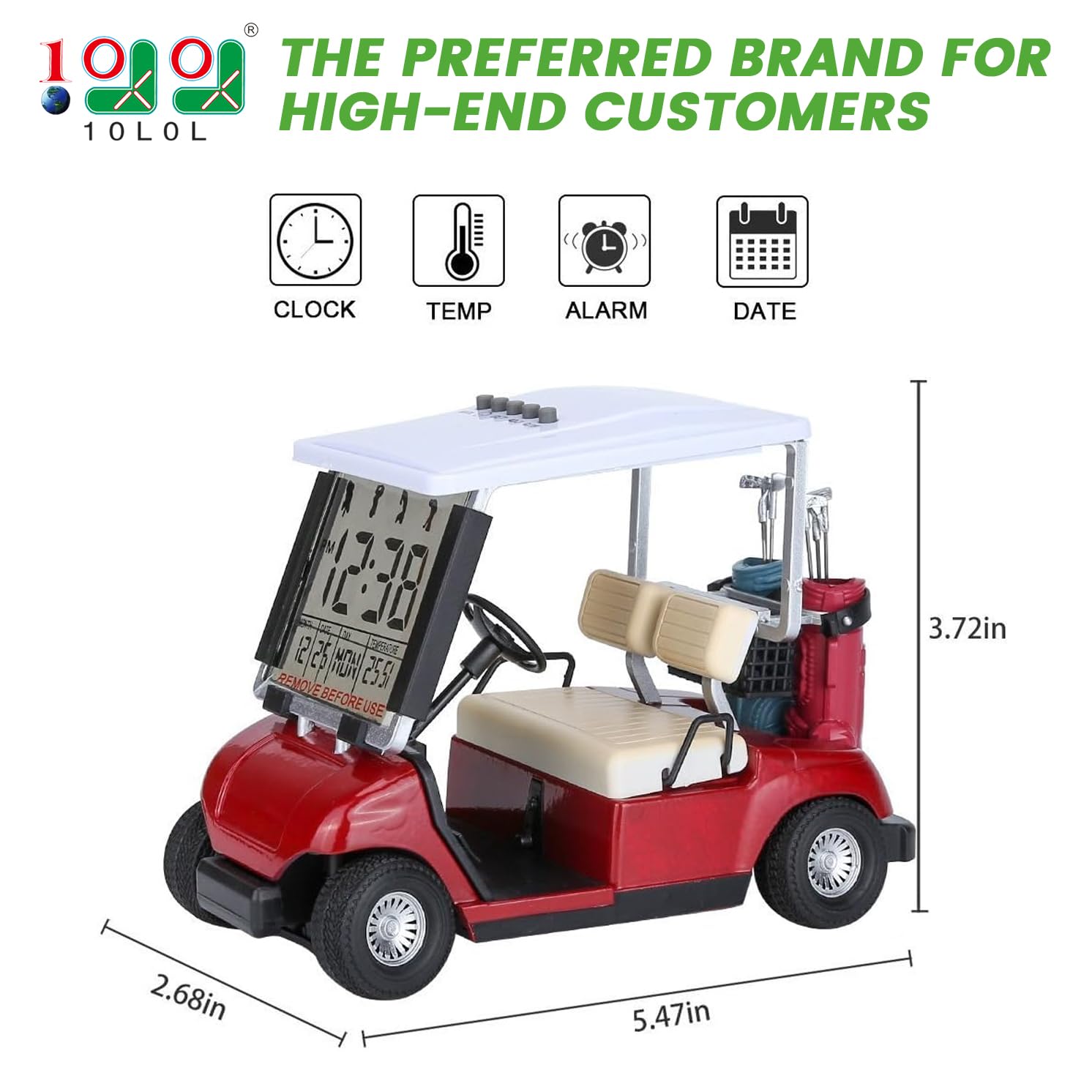 10L0L Réveil avec affichage LCD pour mini voiturette de golf, cadeau pour hommes, fans de golf, souvenir de course de qualité supérieure (rouge)