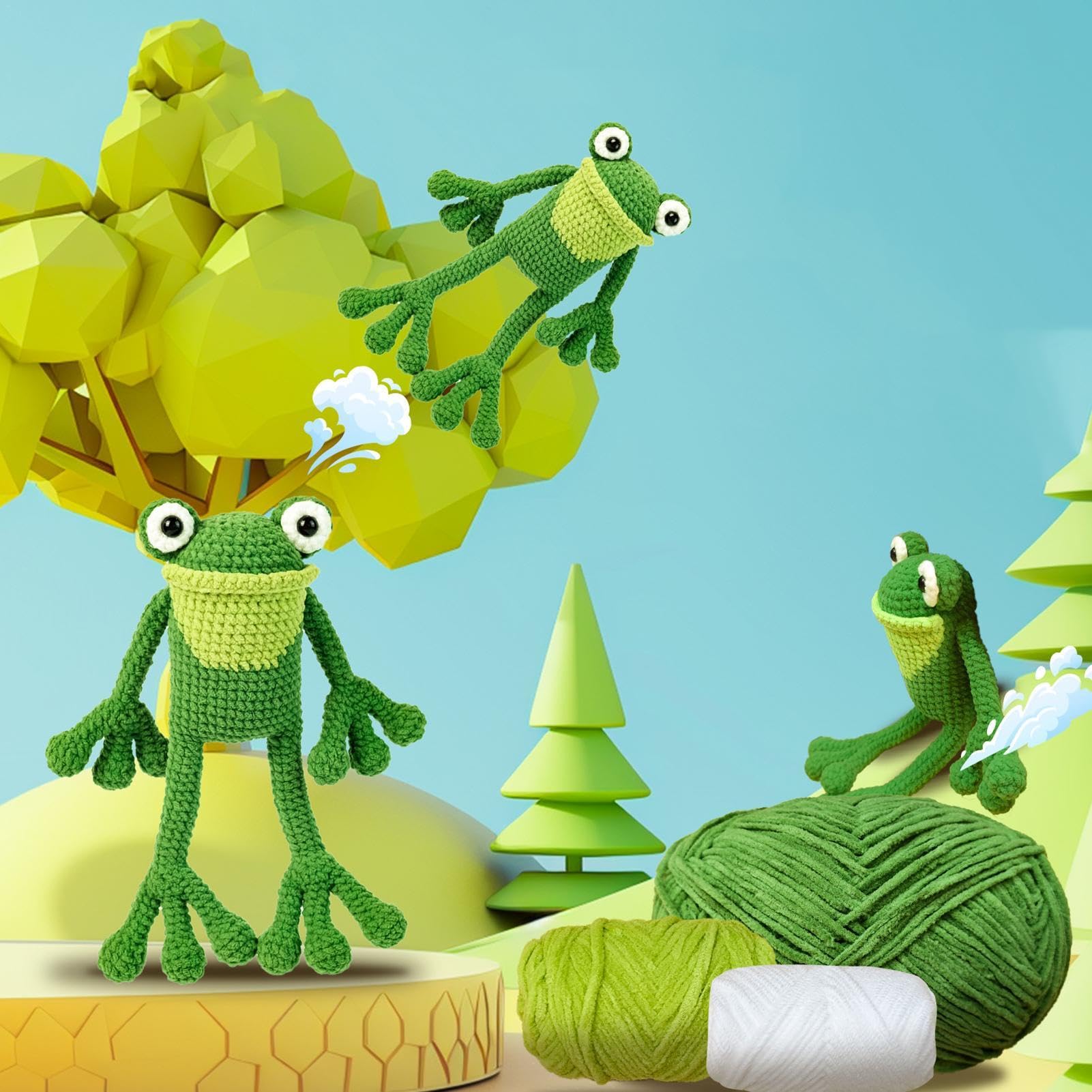 GkgWuxf Kit di animali all'uncinetto rana, kit completo di animali all'uncinetto, con filo ad uncinetto, istruzioni passo dopo passo, kit di artigianato rana dei cartoni animati per bambini