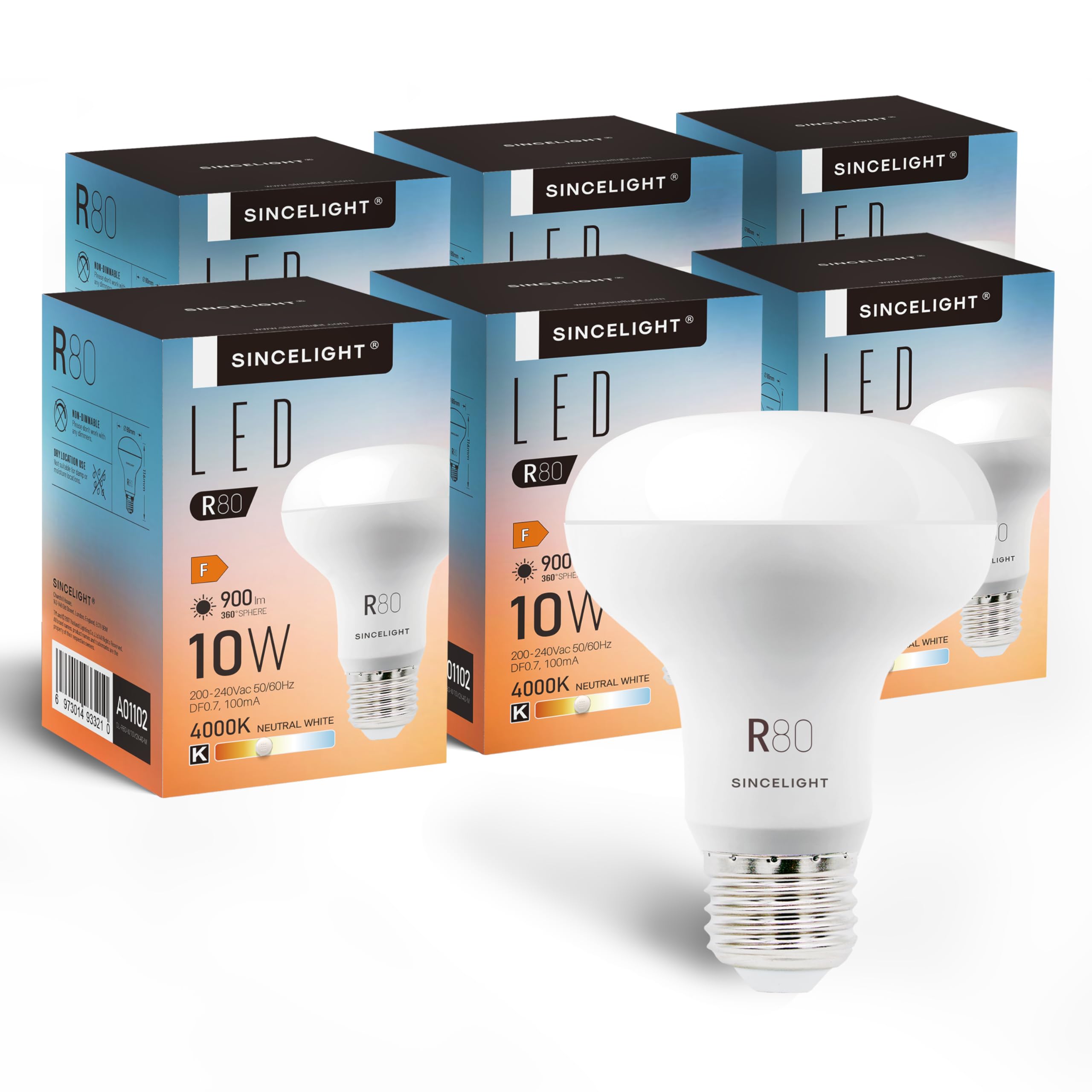 SINCELIGHT 10W LED R80 Reflektorlampe Glühbirne, mit E27/ES-Sockel, Reiche Farbe RA≈92, 900 Lumen, 120° Ausstrahlungswinkel, Neutralweiß - 4000 Kelvin, 6er-Pack