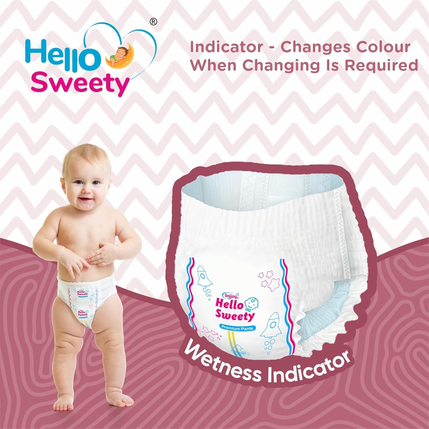 Baby wearing Unijoy Hello Sweety diaper, showing wetness indicator changing color