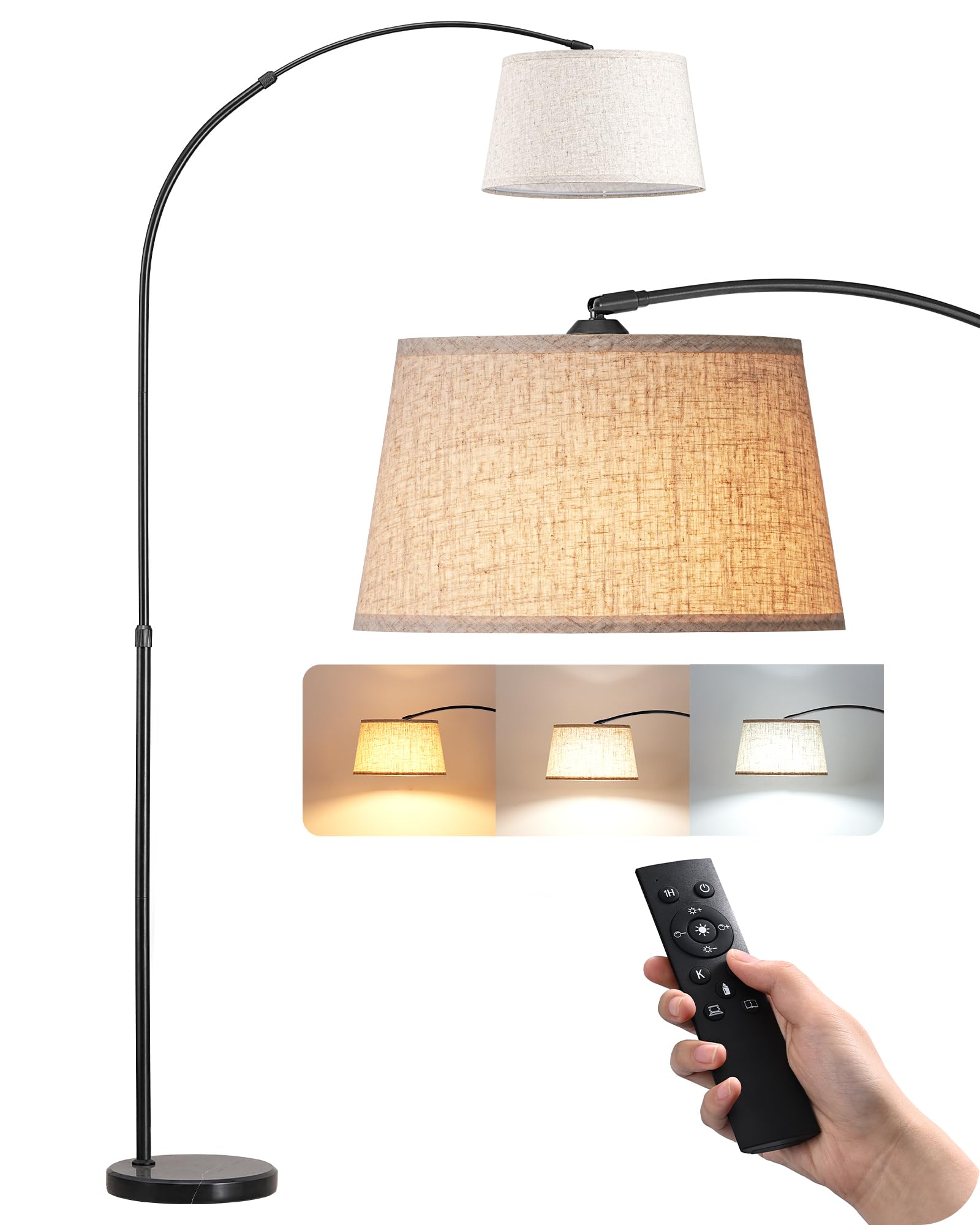 EDISHINE Lampada da Terra per Soggiorno, Altezza Regolabile 143-176 cm, Lampada ad Arco con Testa Rotante, Struttura in Metallo, Telecomando Magnetico, Dimmerabile, Attacco E27 con LED 9W Inclusa