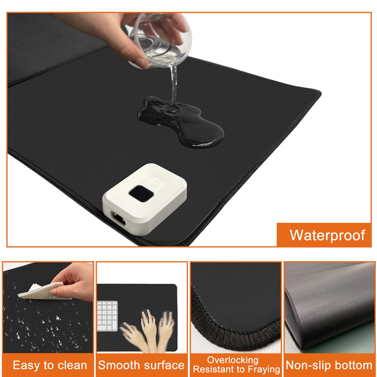 Ysenchan Sous-main chauffant avec 5 niveaux de chaleur et arrêt automatique – Grand tapis de souris en cuir synthétique, tapis de clavier et surface d'écriture, 80 x 33 cm, noir
