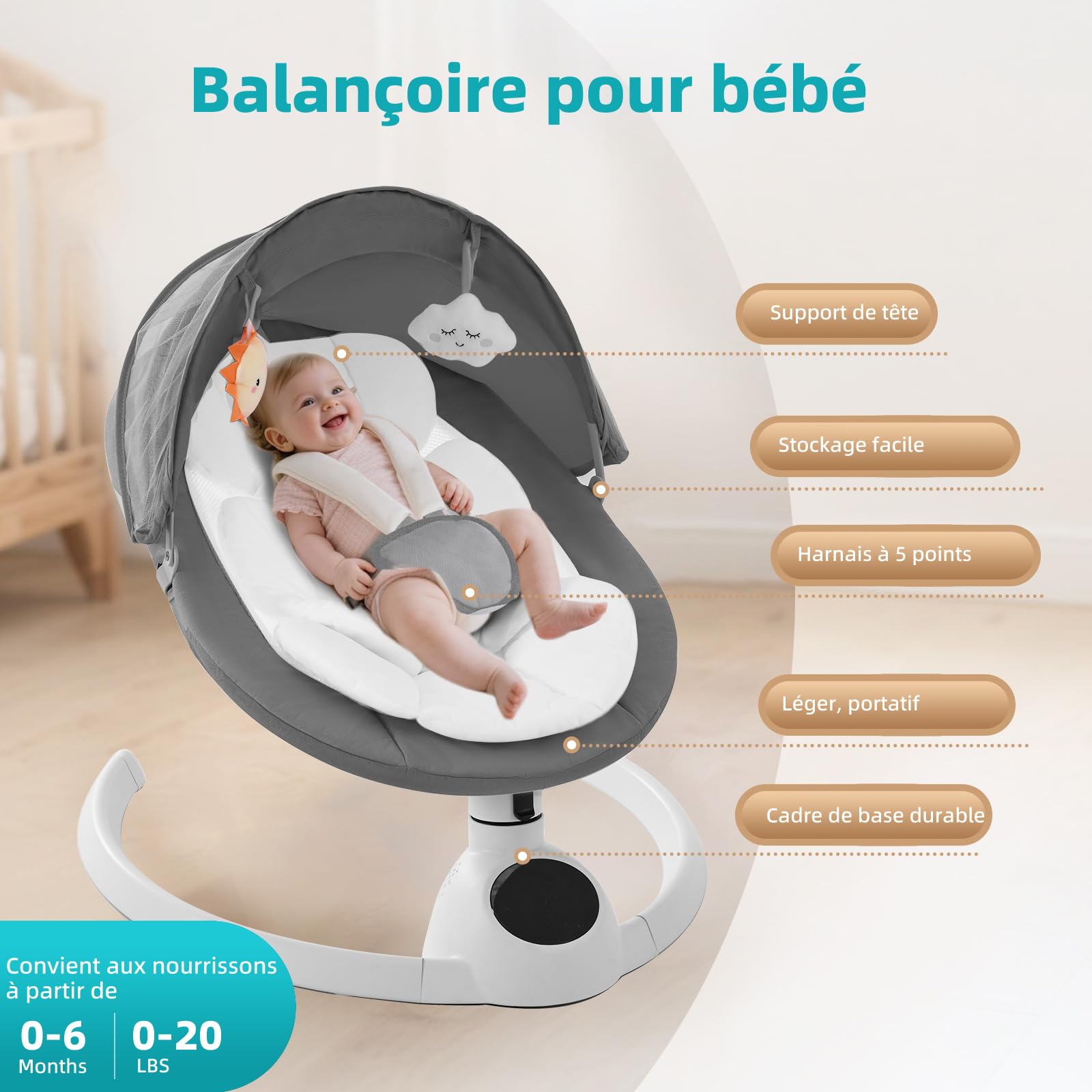 Balancelle Bébé Électrique jusqu'à 9 kg, Pliable Bluetooth, 5 Vitesses, Minuterie 3 Niveaux, Télécommande
