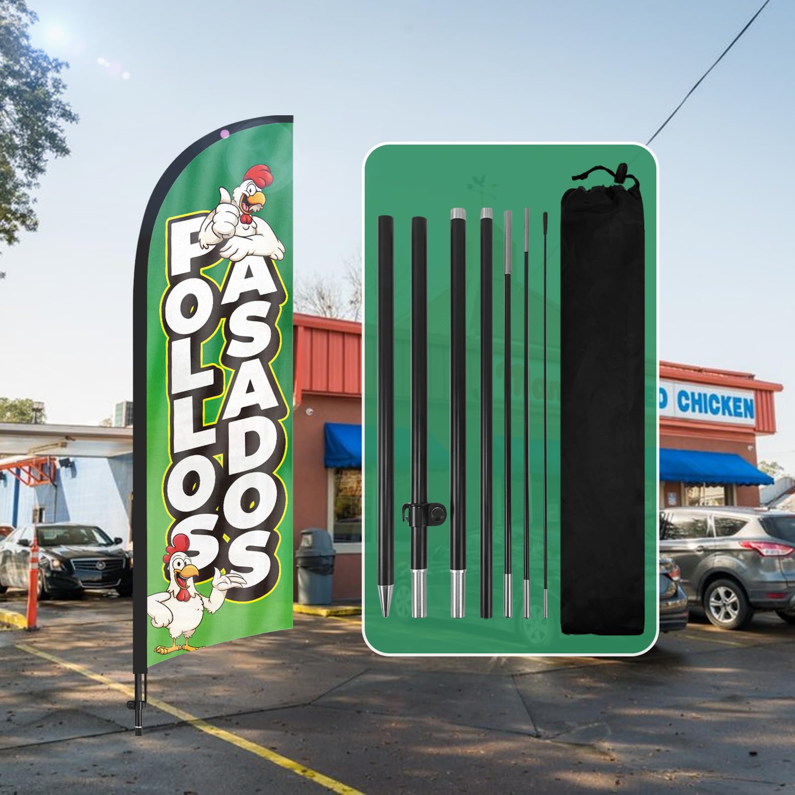Pollos Asados - Bandera de plumas de 8 pies, bandera publicitaria de Pollos Asados con kit de poste, estaca de tierra, carteles de Pollos Asados para empresas y escaparates