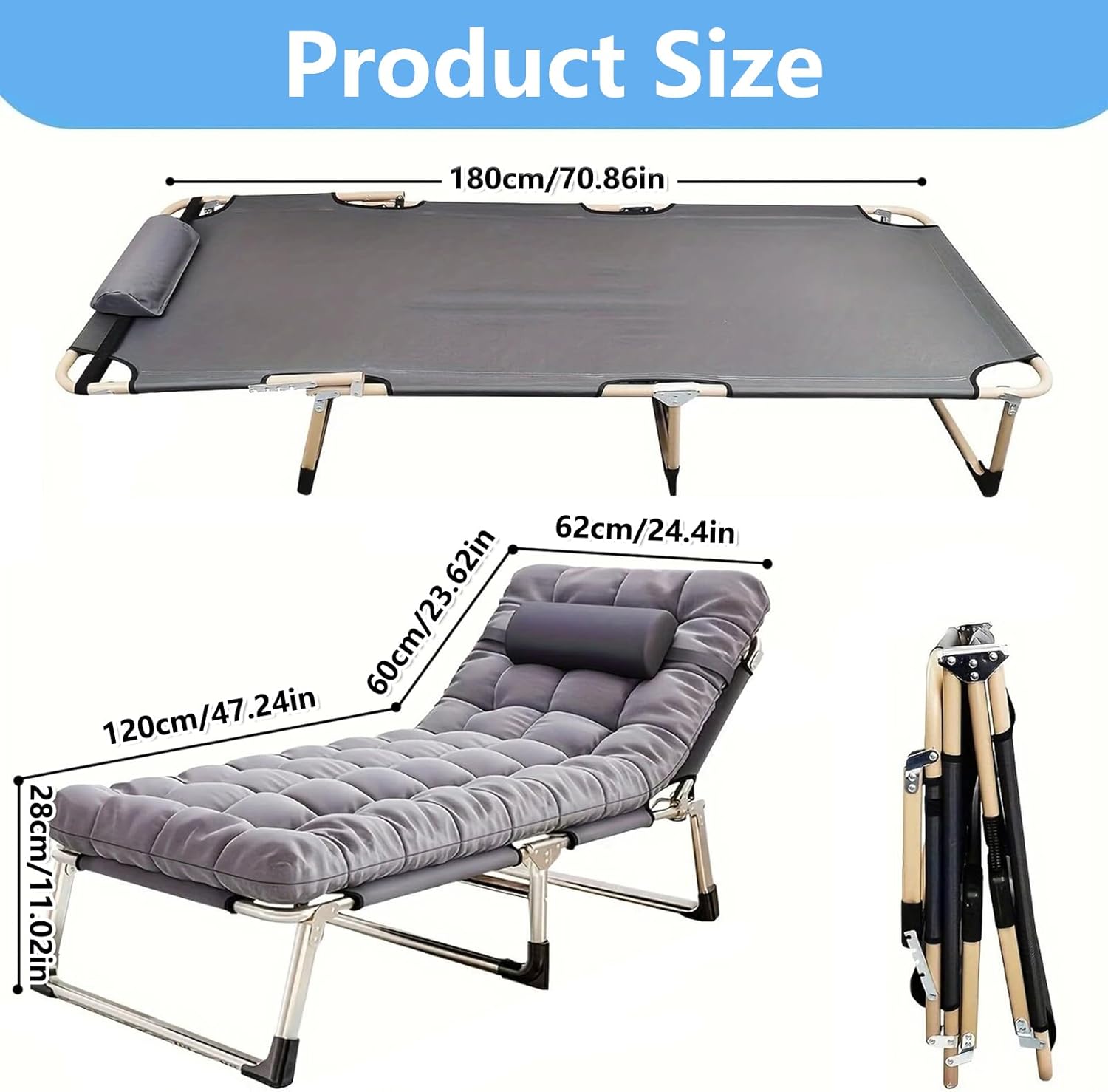 Leo IRis Portable Folding Camping Cot, Oversize Adjustable 5-Position Adults Reclining Lounge Chairs with Pillow, Heavy Duty Oxford Cloth 600D with Mattress (Gray - Upgrade Bed (with Mat))