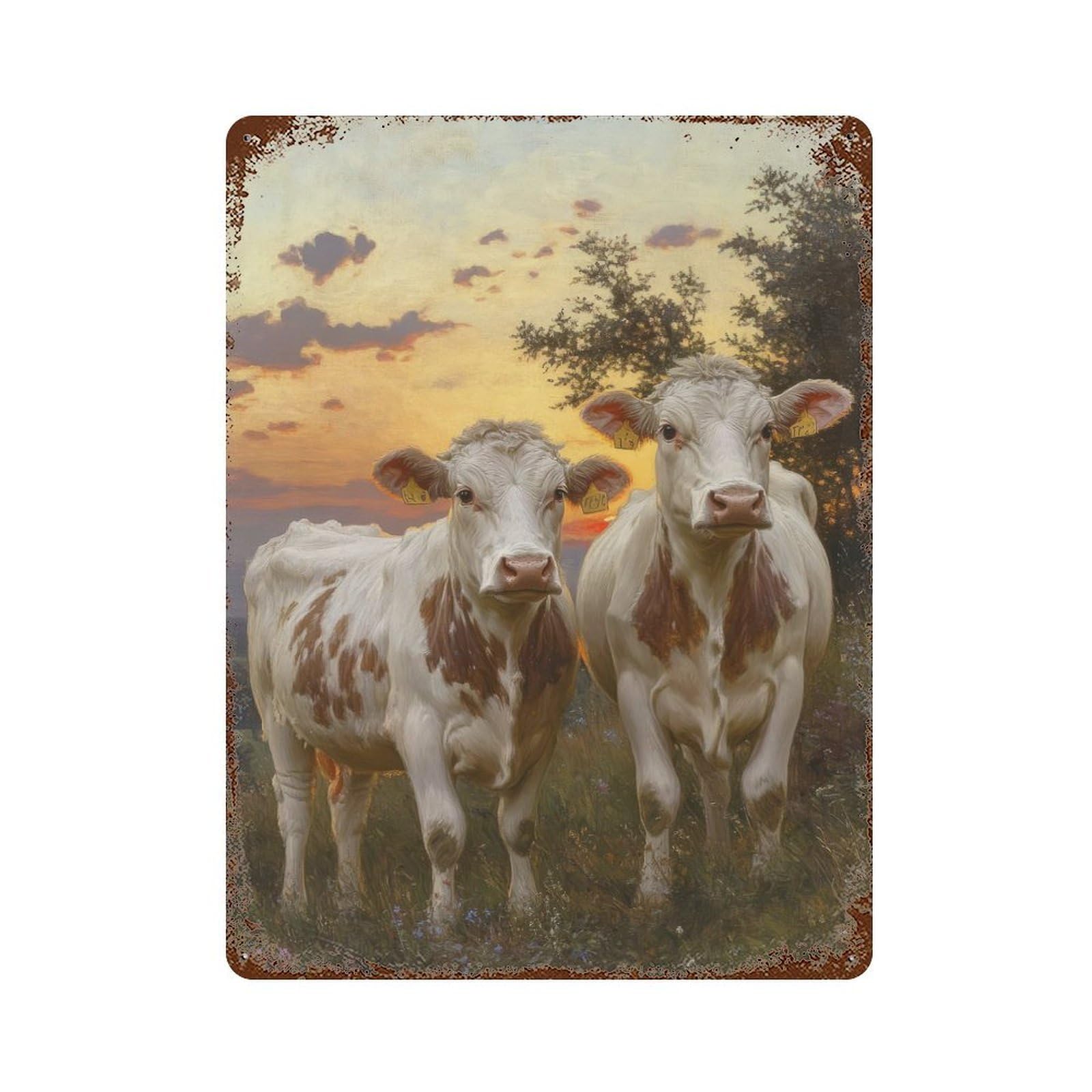 Garage Style Cows at Sunset Weathered Tin Sign 15.7"x11.8", Classic Wall Plaque for Bar And Workshop