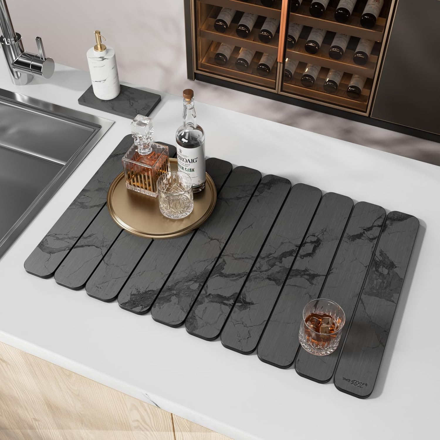 2PCS Stone Drying Mat for Kitchen Counter, Dark Gray with Black Veins Quick Dry Stone Dish Drying Mat - Diatomite Earth Water Absorbing Drying Stone for Kitchen Counter Mat