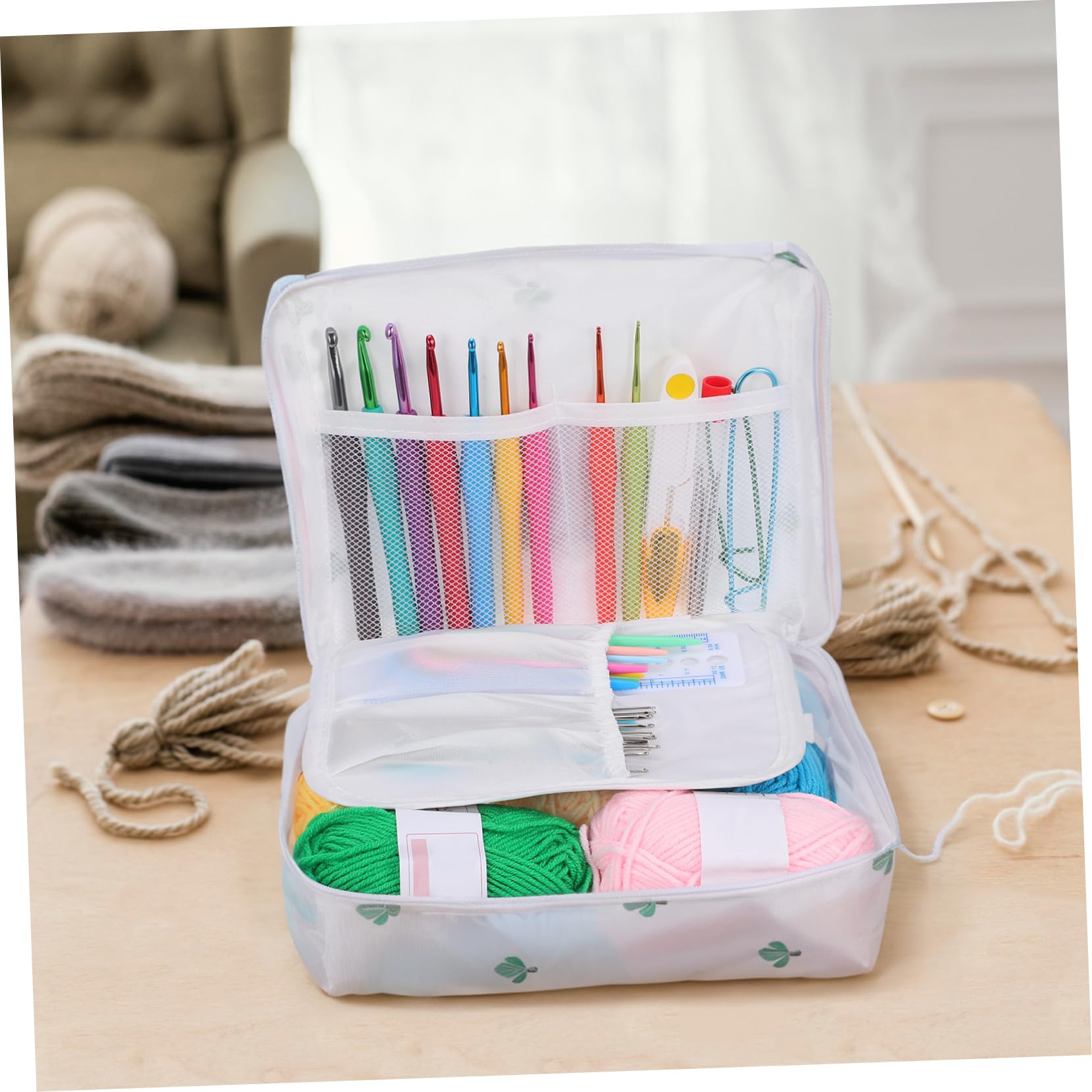 Uonlytech Set di Uncinetti in Plastica per Principianti con Borsa Portatile, Filati e Strumenti di Misurazione per Lavori Creativi in Viaggio