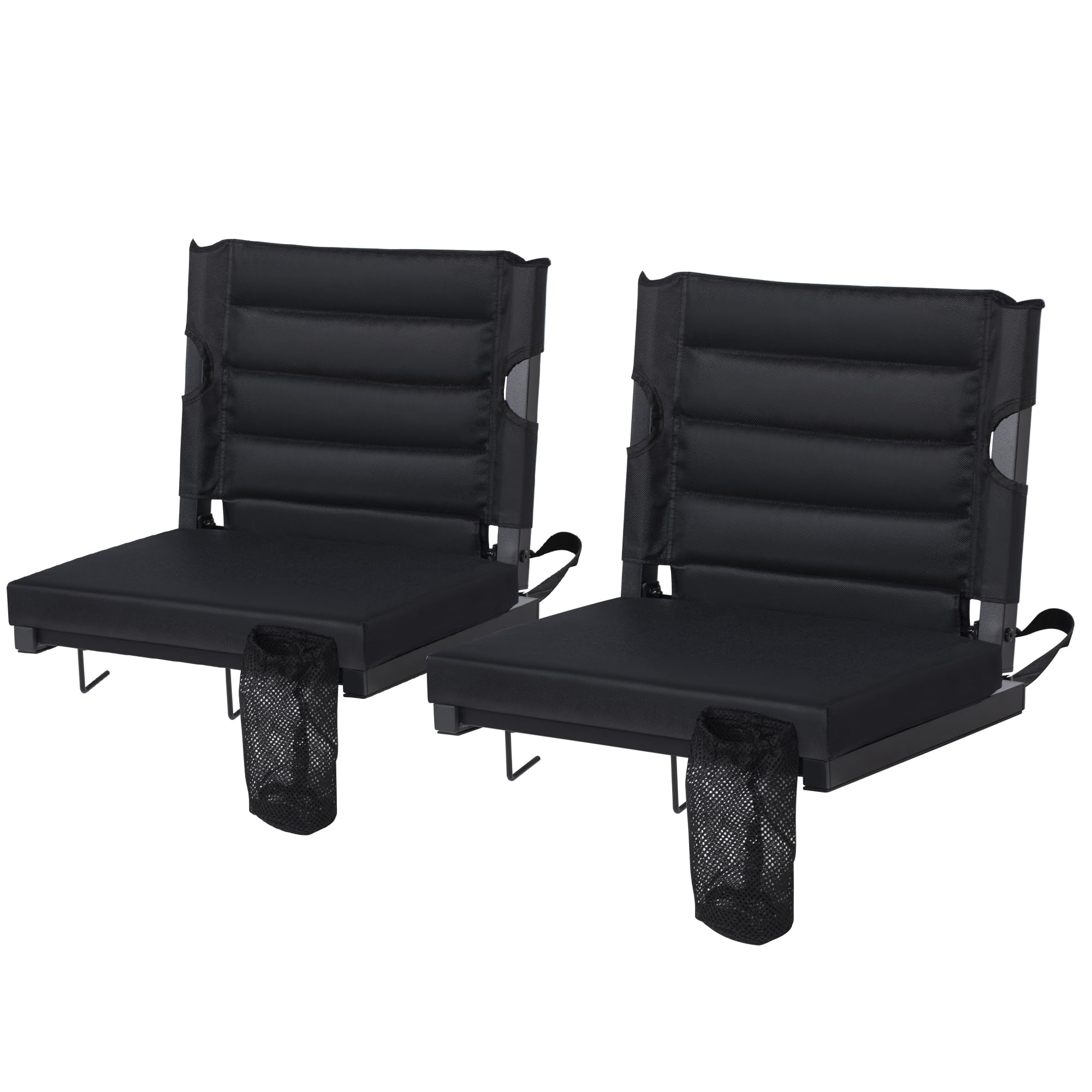 LOENIY 2 Pack Stadium Seats for Bleachers with Back Support, Bleacher Seats with Backs and Extra Thick Padded Cushion, Includes Shoulder Straps Carry Handle, and Cup Holder Side Pockets (Black)