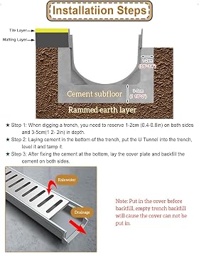 Trench Drain U-Shaped Channel Drain with Metal Grate, Heavy Duty Drainage Ditch Cover Kit for Deck Bathroom Kitchen, Durable Garage Floor Trough Guttering(15cm x 6cm (5 7/8 x 2 3/8))