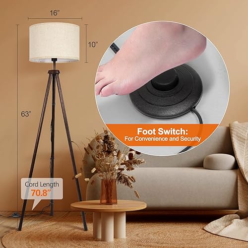 Miniatura 6 de OUTON Lámpara de pie con trípode de madera, lámpara de pie regulable LED de mediados de siglo con control remoto, temperatura de 4 colores, lámpara