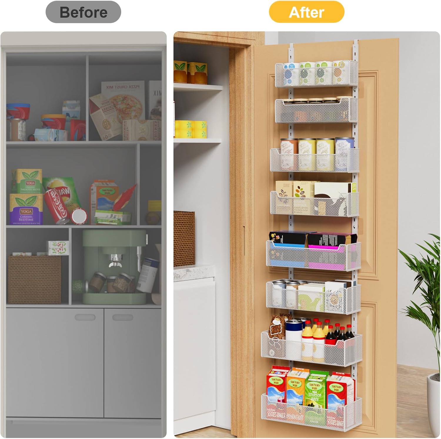 Over the Door Organizer, 8-Tier Pantry Organizer with Fully Enclosed Mesh Baskets, Heavy-Duty Metal Hanging Spice Rack for Kitchen Bathroom Laundry Room, 2-in-1 Wall Mount or Door Mount, White