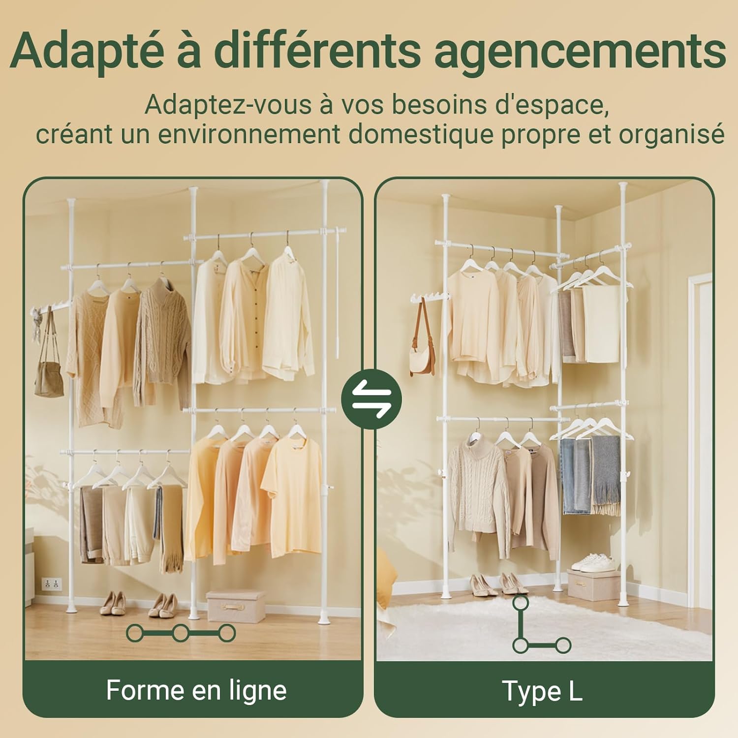 Two configurations of the garment rack: a straight line setup and an L-shaped corner setup