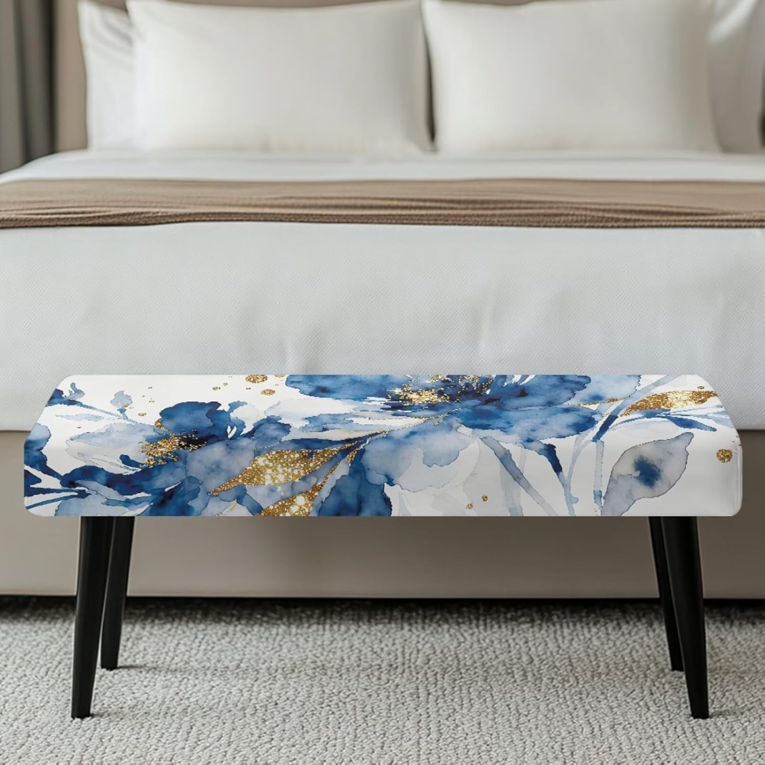 Blue Flower Crease-Resistant Dining Chair Slip Covers Set of 4 with Bench Cushion Cover for Home Decor Soft Chair Slipcovers with Elastic Bottom for Women Wife
