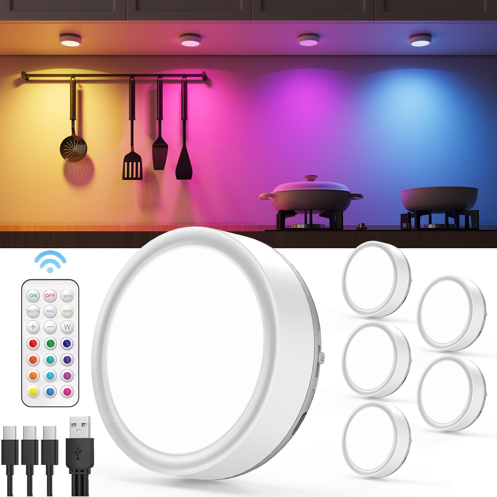 RGB Rechargeable Puck Lights with Remote Control, 2400mAh Battery Operated Tap Light Color Changing Push Lights Stick On LED Closet Light USB Under Cabinet Touch Lamp Classroom Magnetic Shelf Lighting