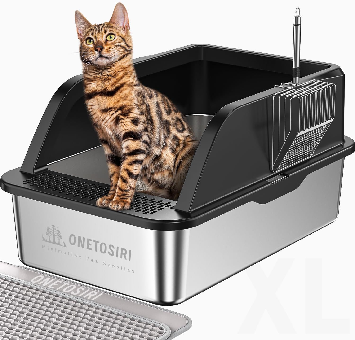 XL Stainless Steel Litter Box, Extra Large Metal Cat Litter Box with High Sided for Big Cats, Enclosed Litter Boxed with Lid, Easy-Clean Cat Litter Mat & Scoop Kit, Anti-Urine Leakage (Black)