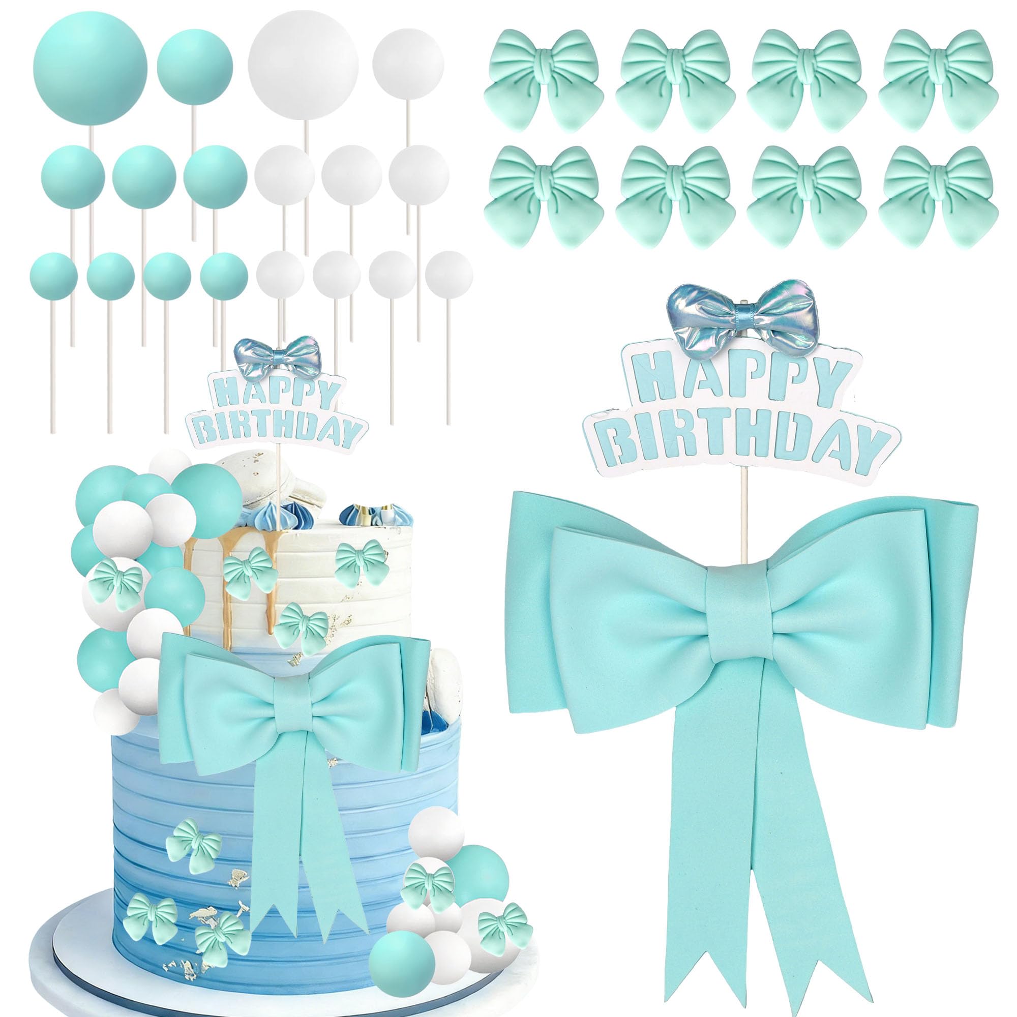 32 Stück DIY Schleife Tortendeko Glitzer Kugel Kuchen Deko EVA Schaum Prinzessin Bogen Cake Toppers für Baby Dusche Geburtstag Hochzeit Party Kuchen Dekorationen Blau