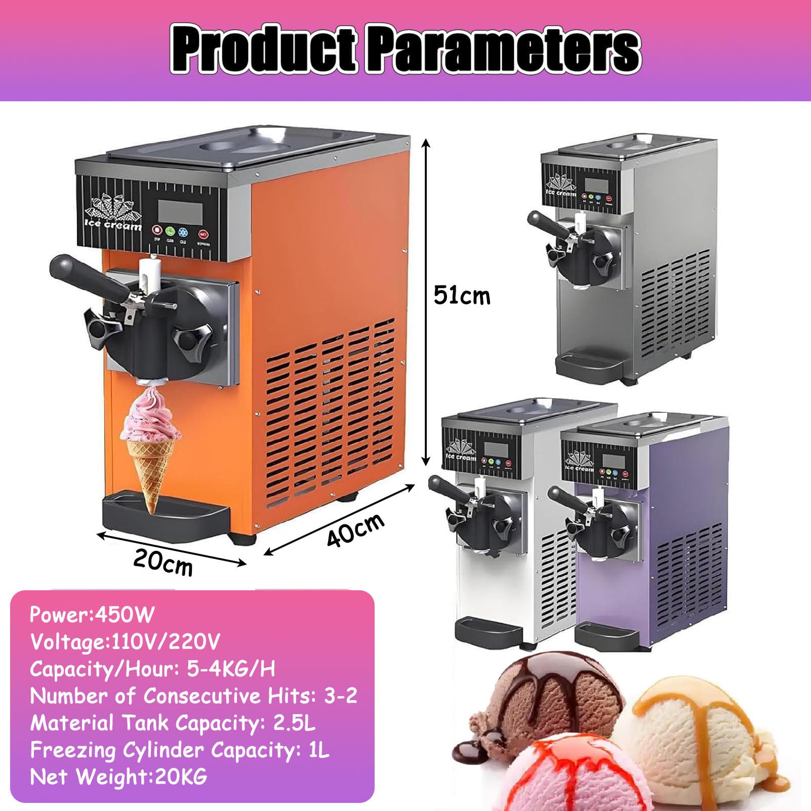 Máquina comercial de helado, máquina de helado de un solo sabor, 4-5 kg/h, limpieza automática y preenfriamiento, para bares, restaurantes, naranja, morado