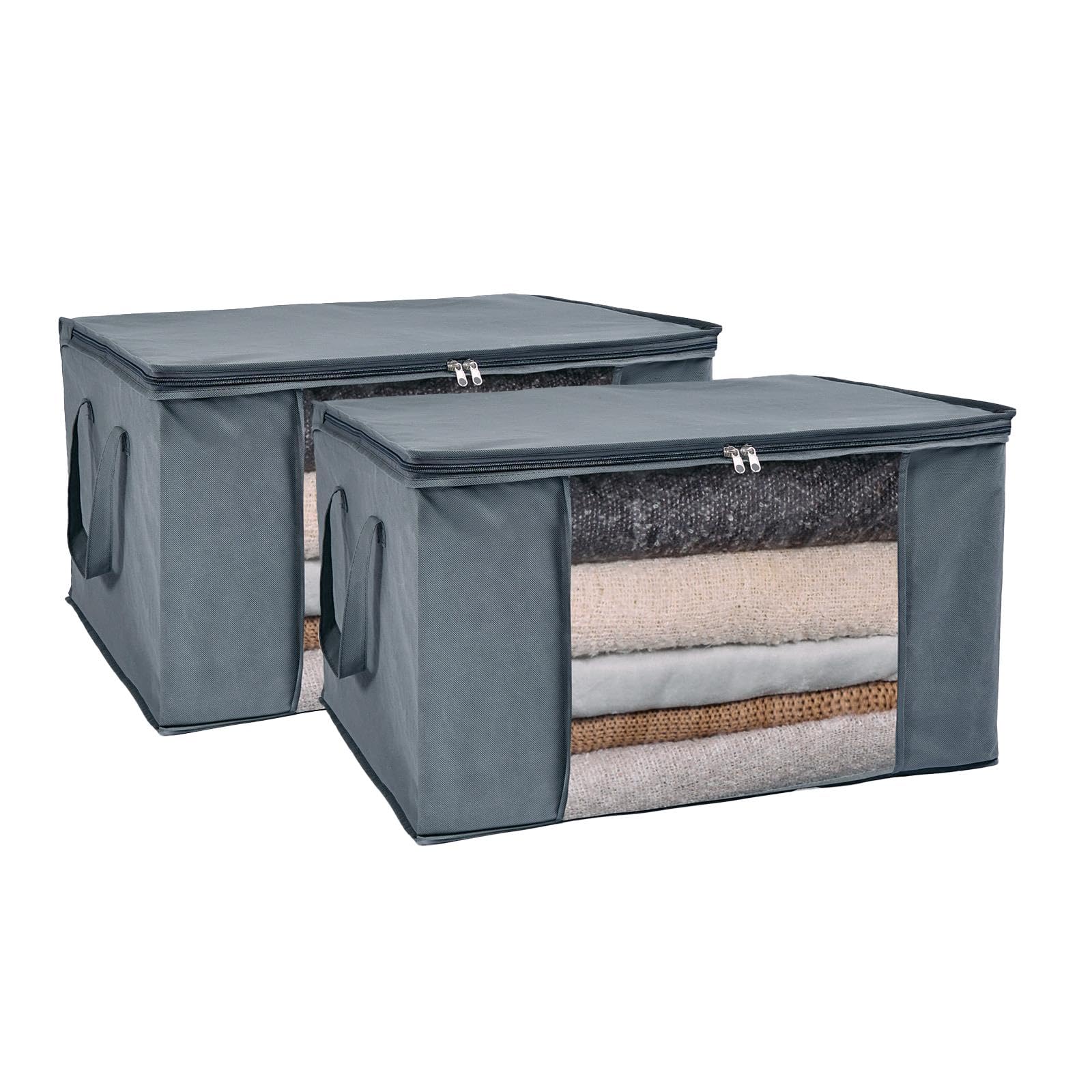 Ohs Charcoal Grey 90L Under Bed Storage Containers 2 Pack, Large Foldable Underbed Storage Boxes With Lids Clothes Storage Bag With Zip Handles Blanket Box Front Clear Window For Duvet Shoes Clothes,