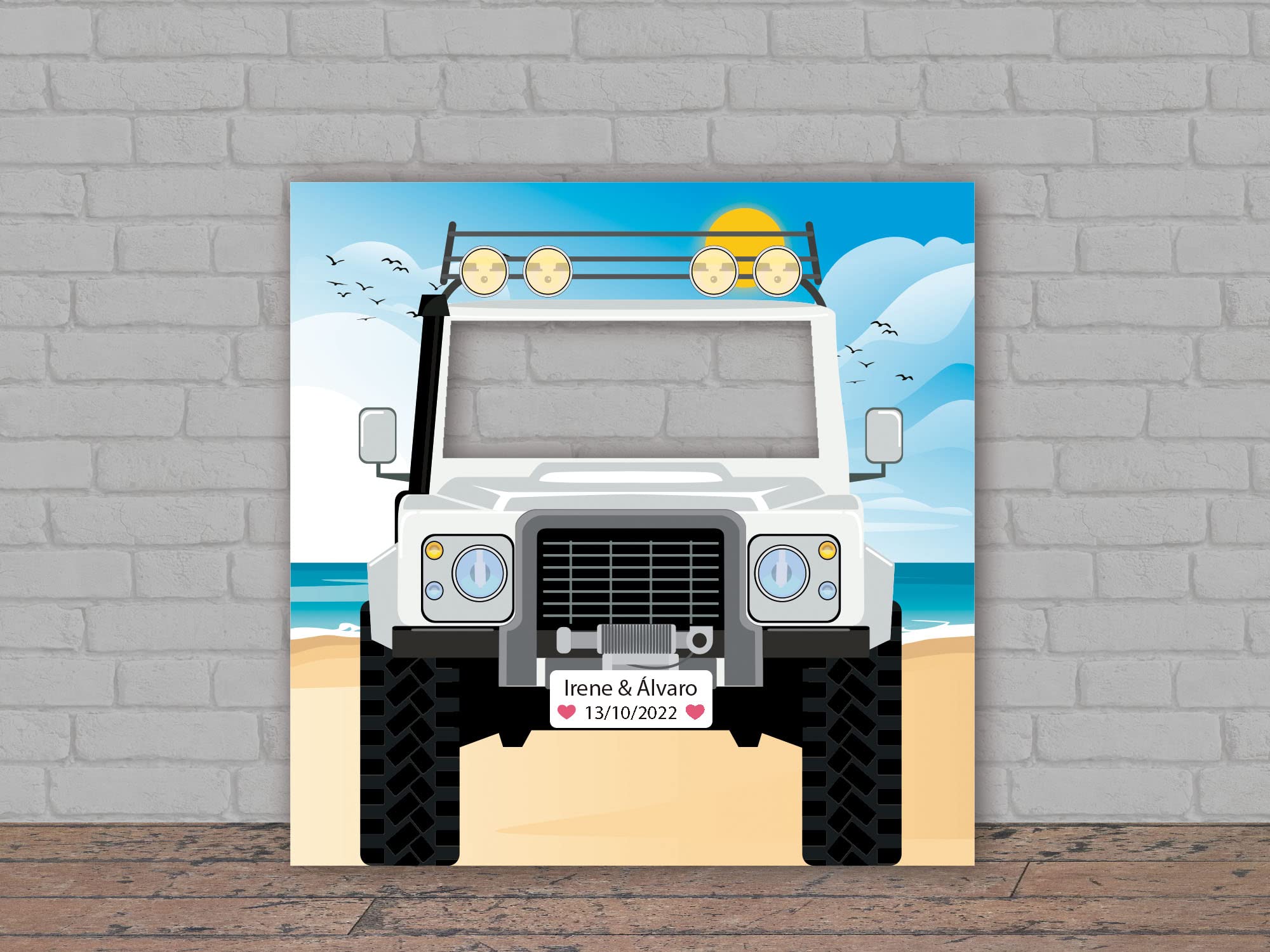 Oedim Photocall en Cartón Coche Blanco Playa Personalizado Boda, 140x140cm, Photocall Decorativo para Eventos o Celebraciones puntuales, Photocall Divertido