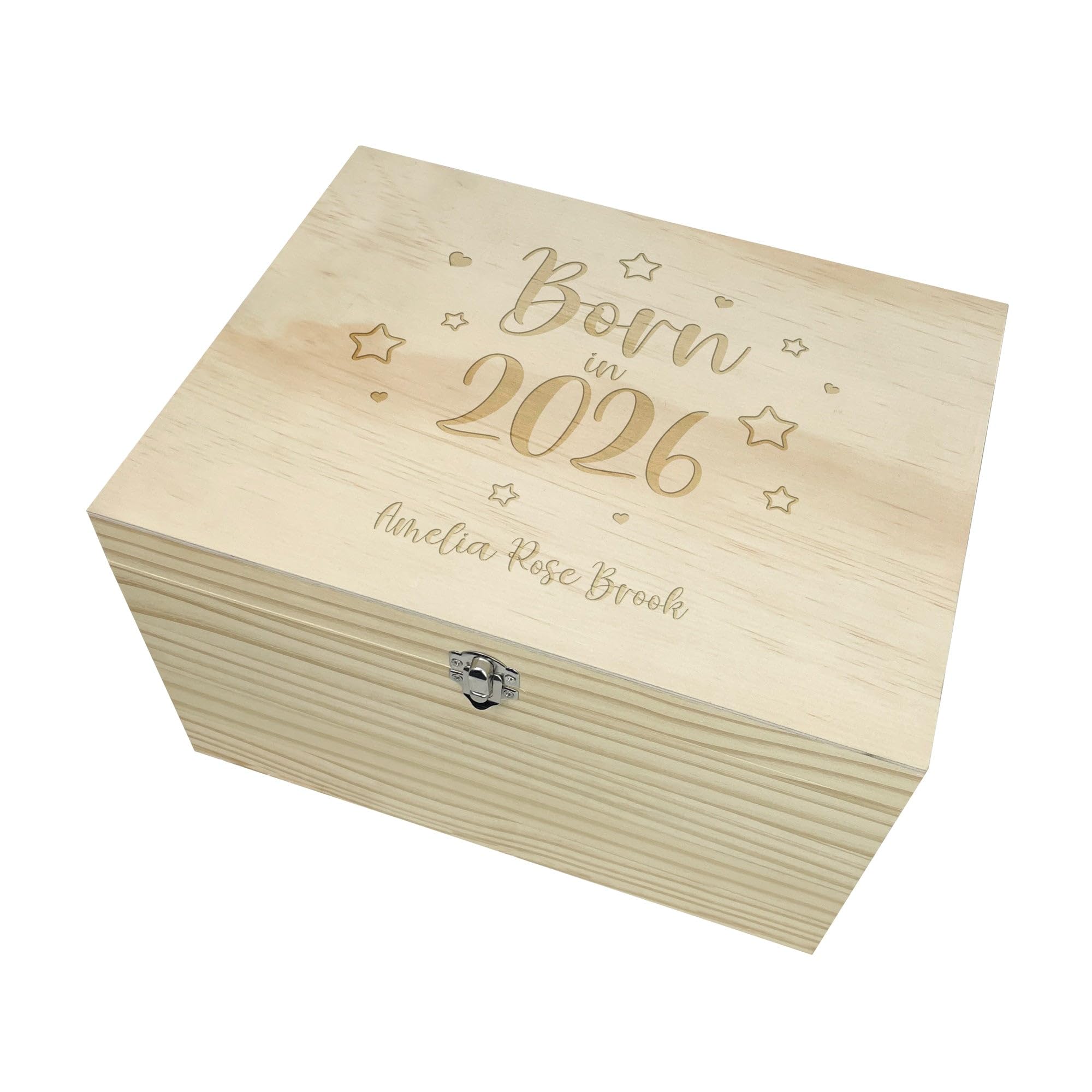 Personalised "Born In 2026" Wooden Baby Box | Engraved Stars New Baby Memory Box | Custom Name & Birth Details Keepsake Chest | 2026 Christening & Baptism Gift| W26cm x D19cm x H15.5cm