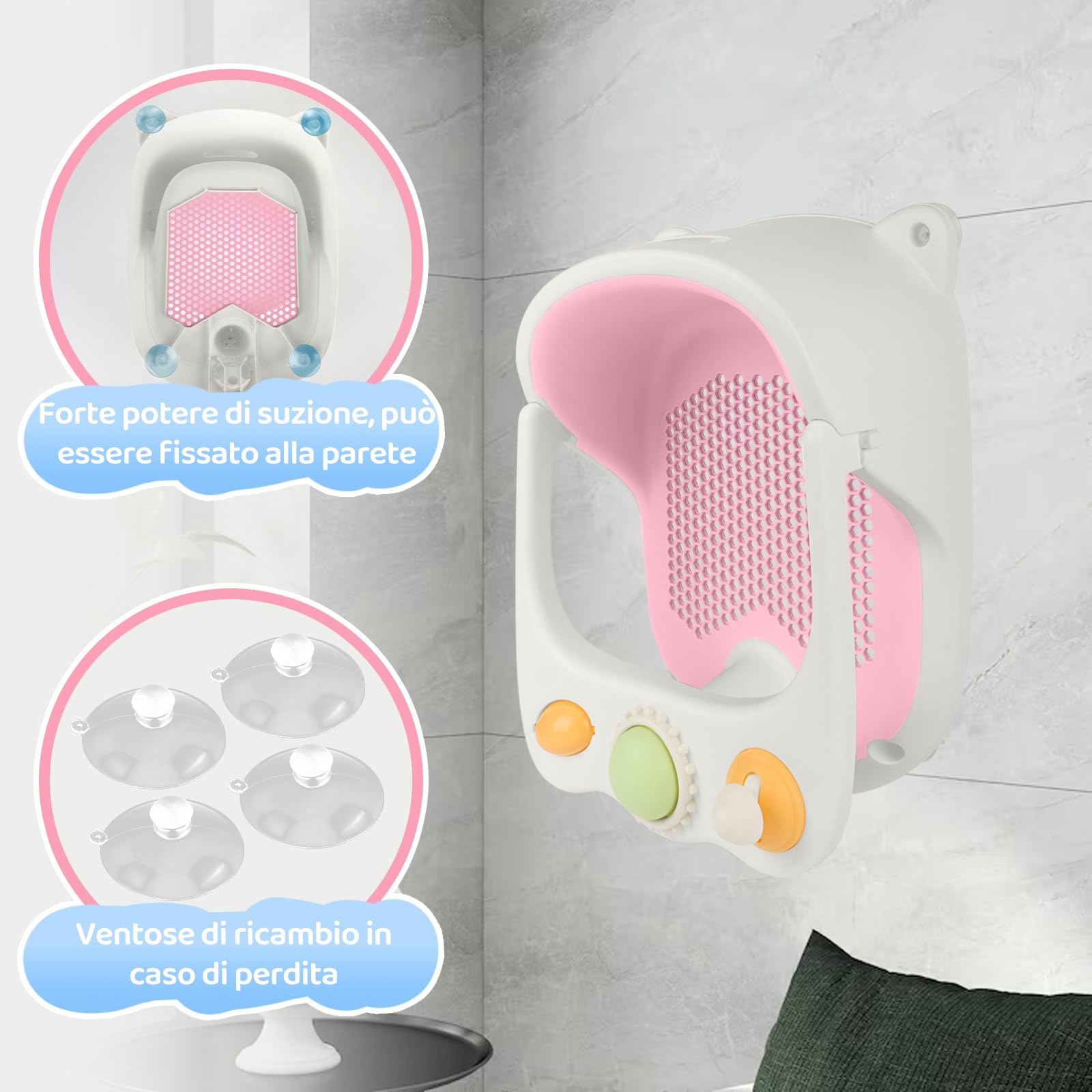 Aragallant Seggiolino da Bagno per Bambini 6 mesi+, Seggiolino Antiscivolo per Vasca da Bagno, Sedia da Bagno con Giocattoli, Seggiolino per Doccia Bambini con Ventose (Rosa)