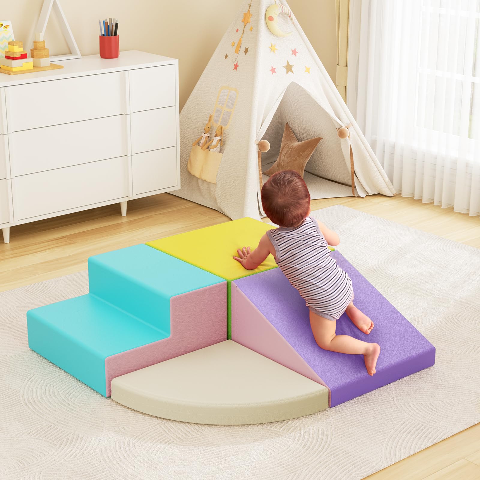 Bloques de construcción de Espuma XXL para niños, Bloques de Espuma para Escalar con Funda de Cuero, Juego Suave para Escalar para niños pequeños de 1 a 3 años (Macaron-4pcs)