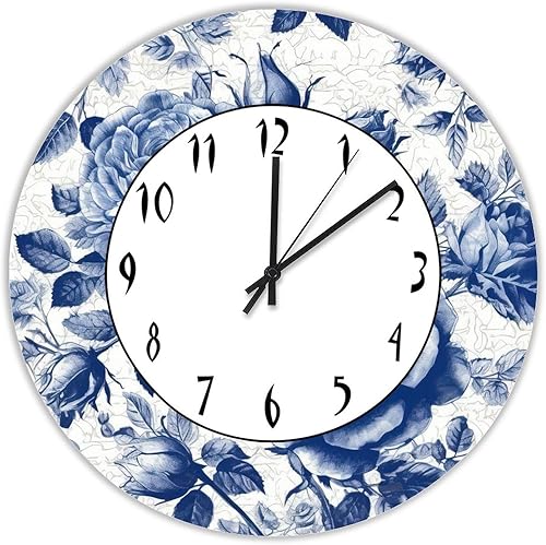 Reloj redondo de madera para decoración de pared, estilo chinoiserie, porcelana azul y blanca, reloj de pared floral de granja de 12 pulgadas, reloj