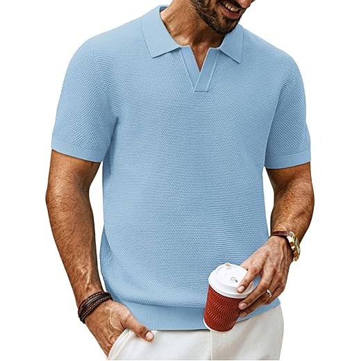 PJ PAUL JONES Camisa polo de malha masculina, manga curta, gola V, textura