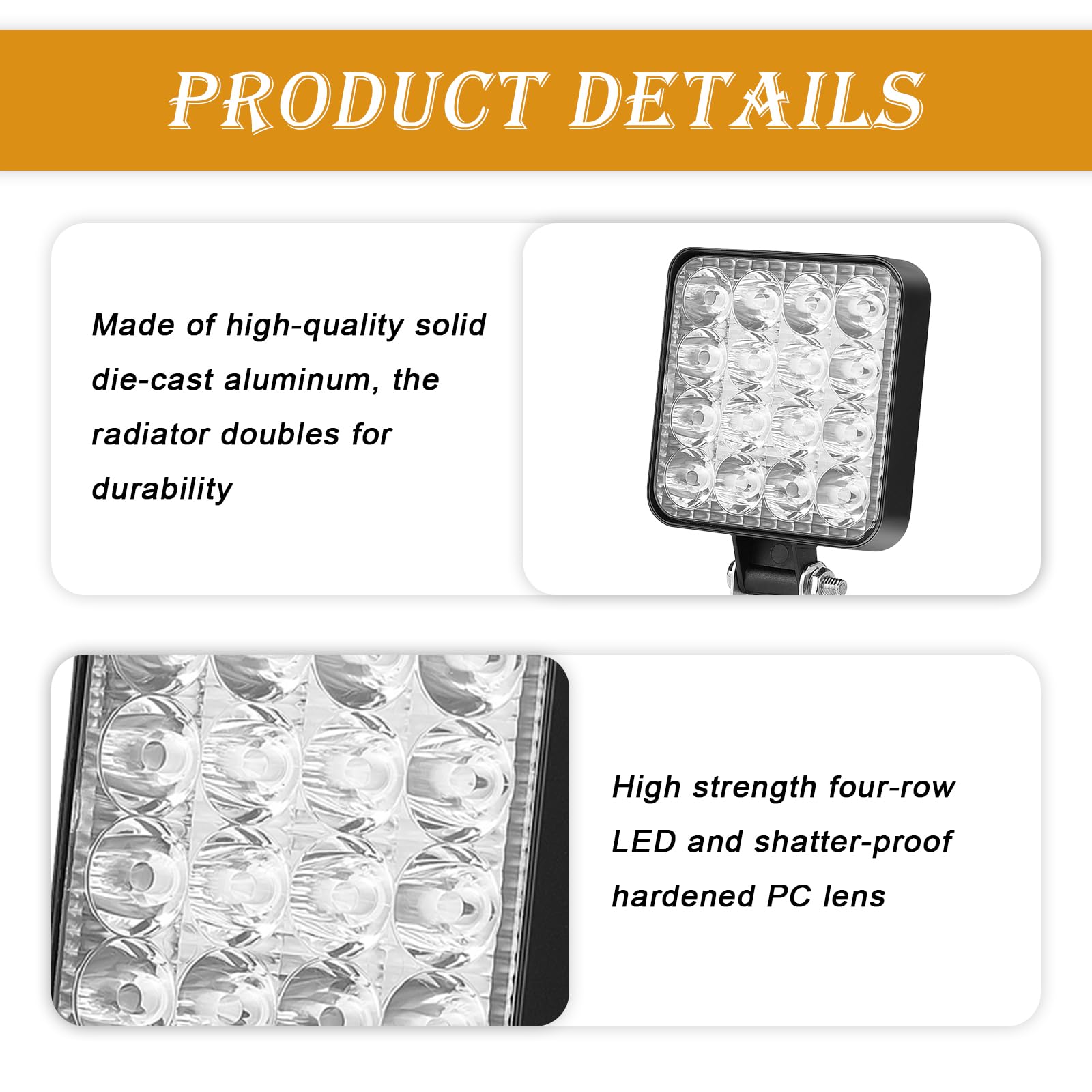 Sporgo 6 unidades de faros LED de trabajo: cuadrado 12 V 48 W LED Faro, Offroad Faros de marcha atrás faros de marcha atrás IP67 resistente al agua para excavadoras, tractores, remolcadores, ATV,