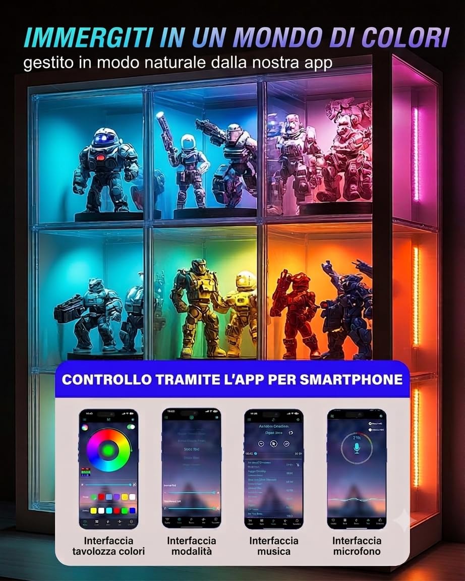 Cefrank Illuminazione armadio RGB 4 x 30 cm Kit barra luminosa a LED RGB collegabile per vetrina, Smart App e telecomando, Sincronizzazione musicale, Modalità scena, Multi-colori