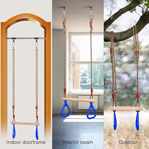 Miniatura 37 de PELLOR Juego de columpios de trapecio de madera para niños con anillos de gimnasio de plástico para diversión en interiores y exteriores Rojo