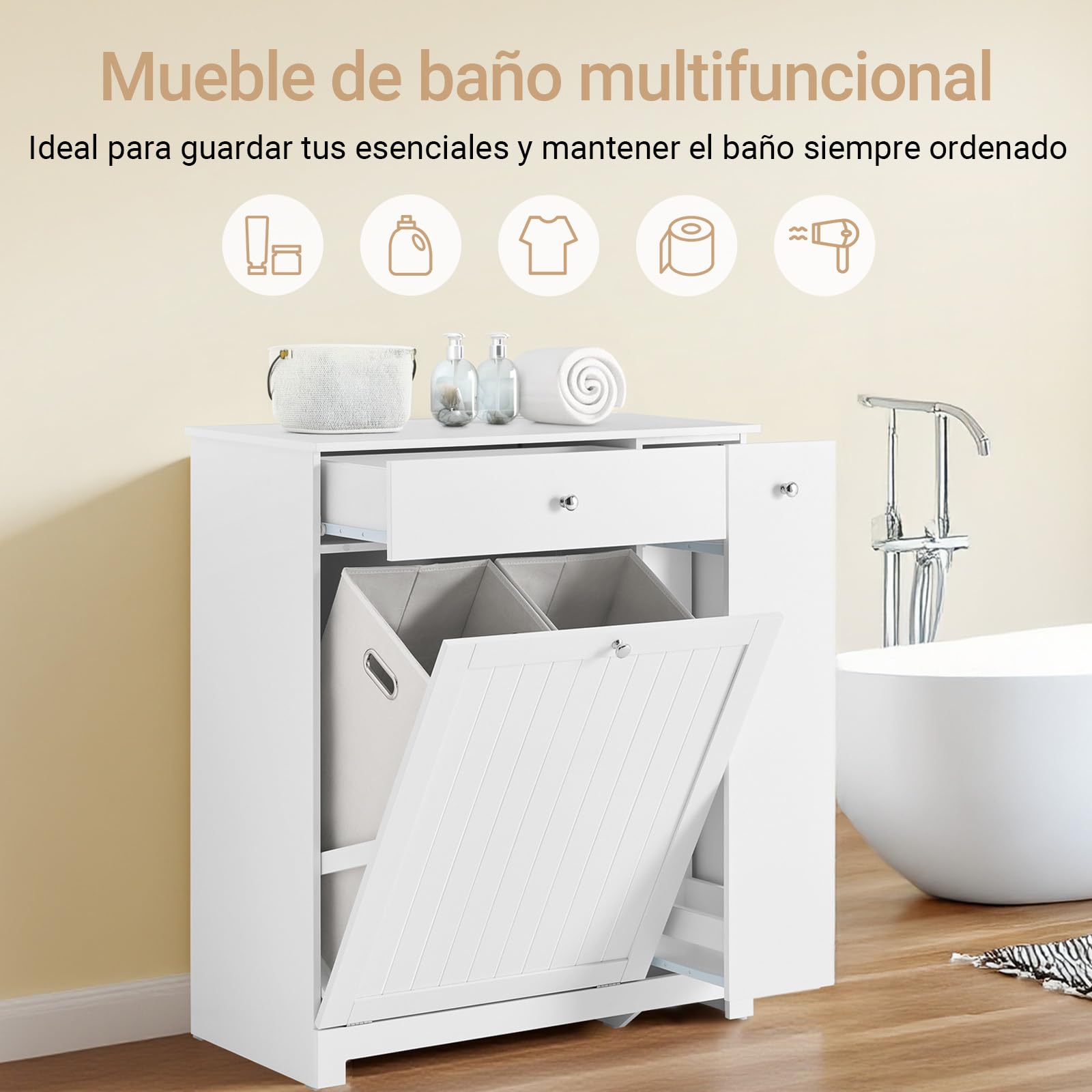 SoBuy Mueble Baño con Cesto para Ropa Sucia 78x38x90 cm, Lavandería y Baño | Armario Baño con Cajón, 2 Cestos Extraíbles y Compartimento Deslizante, Mueble Baño Auxiliar, Blanco BZR214-W