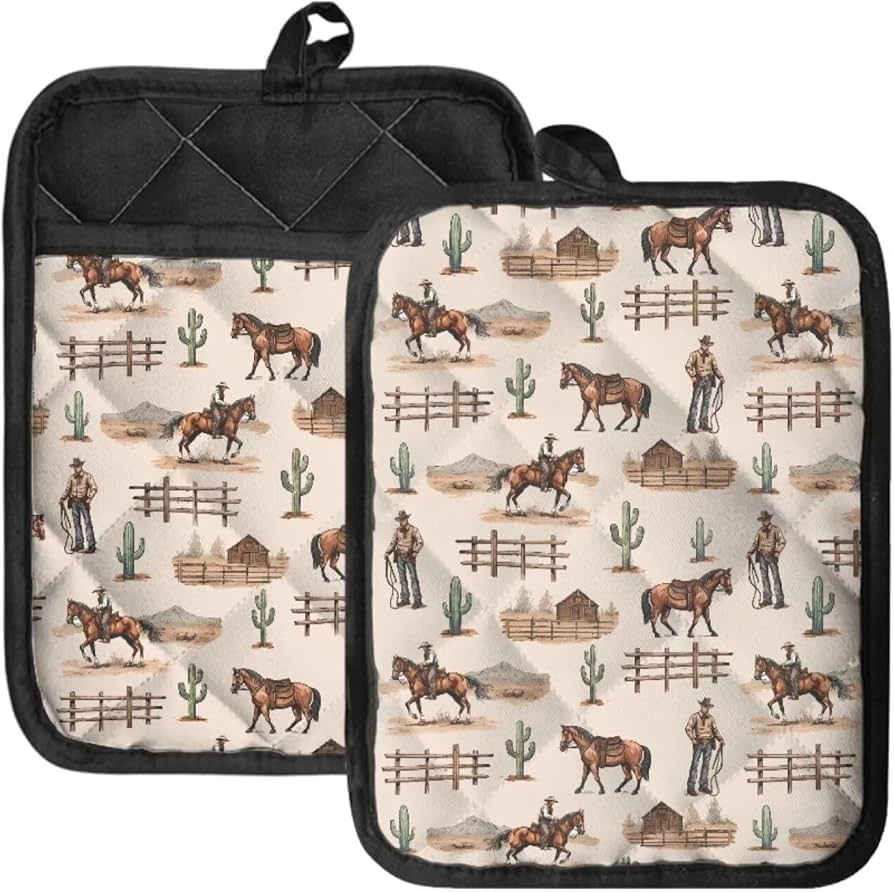 WELLFLYHOM Western Cowboy Pot Holder 2 Pack Heat Resistant Hot Pads with Pockets Southwest Aztec Potholder Multipurpose Oven Mitts Kitchen Gloves Baking Cooking Bag, 7.4"x9.6"