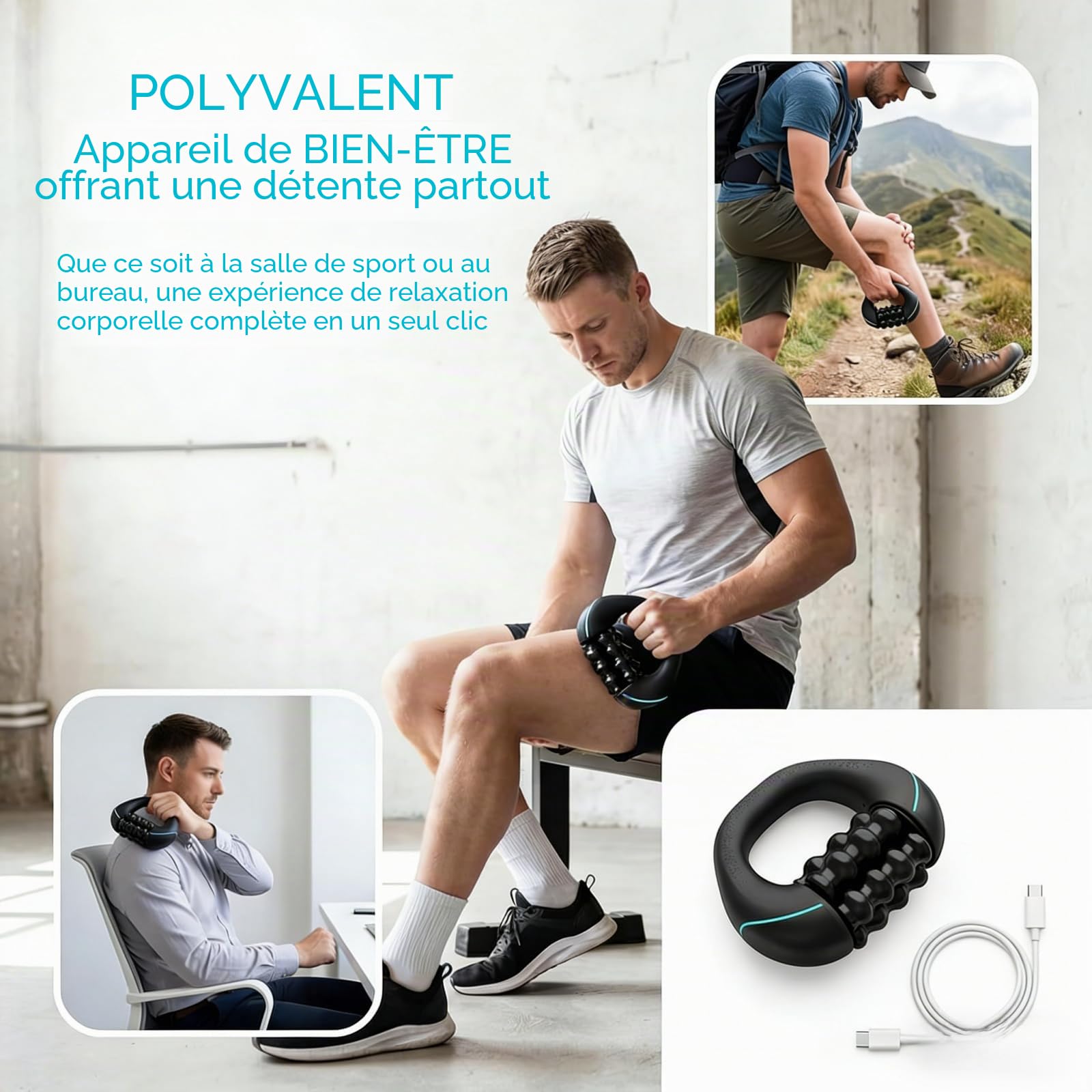 Appareil de massage à rouleau électrique manuel avec rouleaux à tissu profond, 3 niveaux d'intensité, 24 têtes de massage – pour une application douce de la chaleur jusqu'à un massage en profondeur