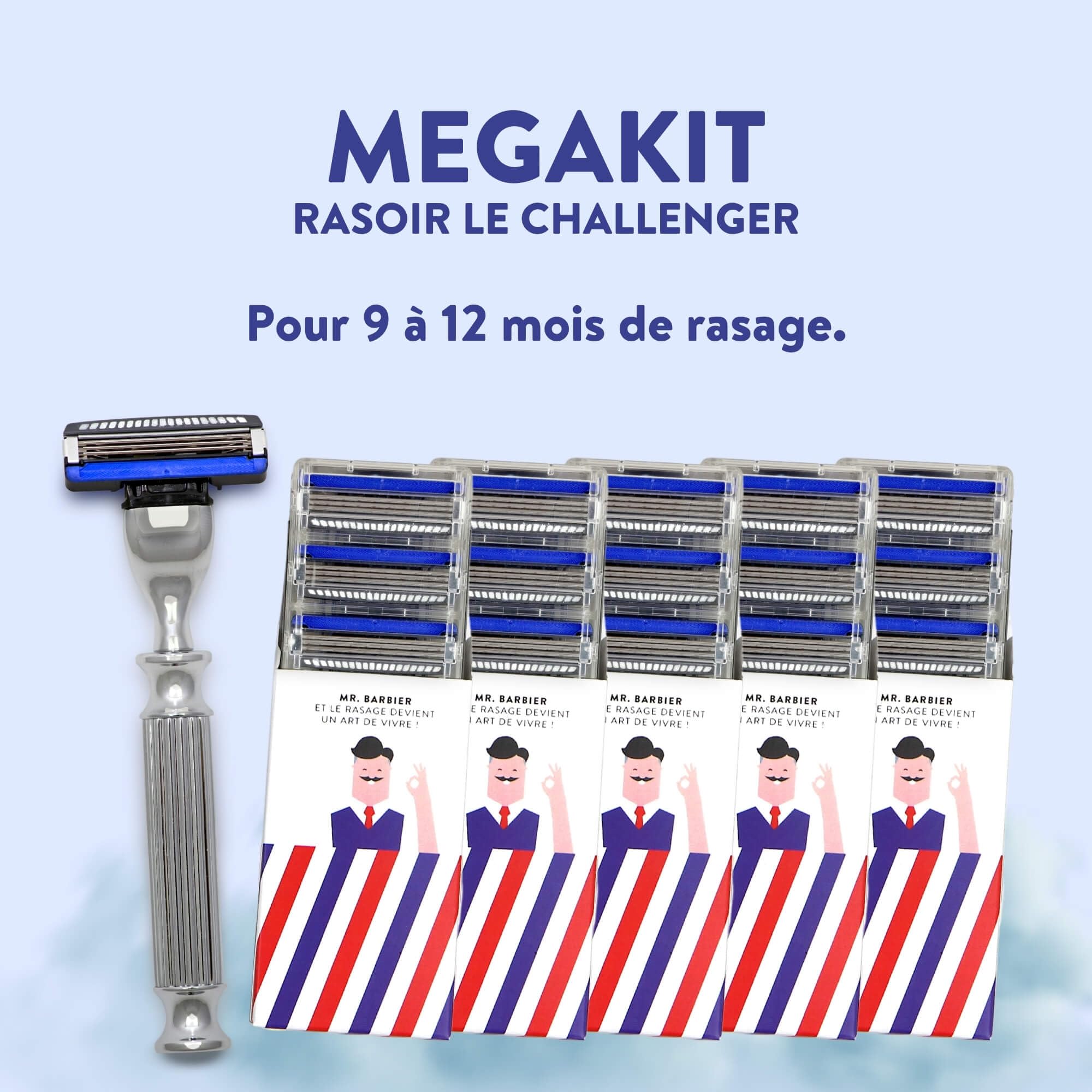 Monsieur BARBIER Afeitadora 3 Cuchillas CHALLENGER + 20 Recambios | Mango acero inoxidable compatible MACH3. Cabezal giratorio 40°, banda lubricante. Pieles sensibles, 6 a 12 meses.