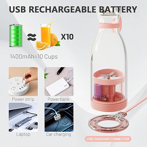 Miniatura 5 de Licuadora portátil personal para batidos y jugos, recargable por USB, taza de viaje compacta de 11.8 fl oz con cuchillas de acero inoxidable, sin