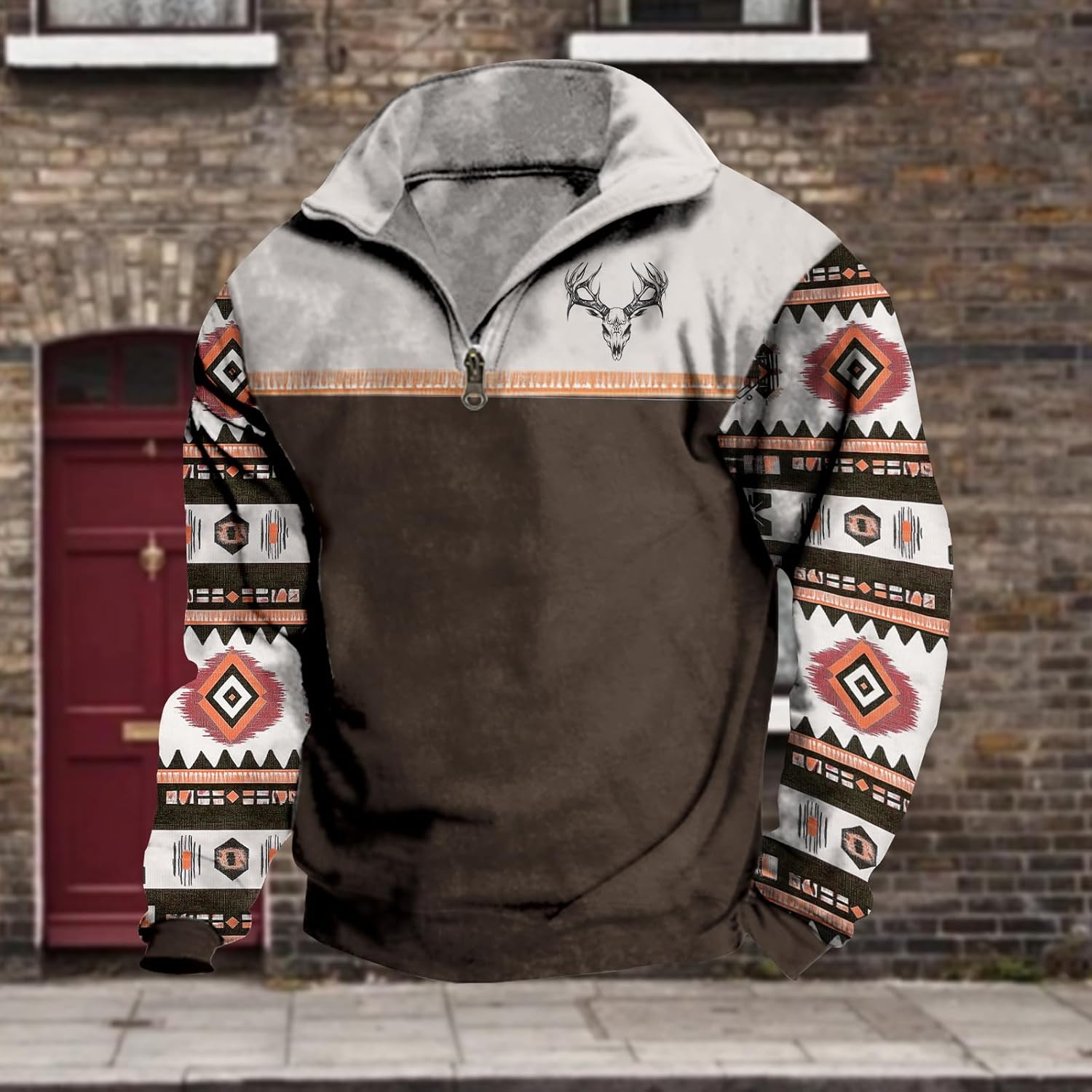 Bengbobar Men's Western Fleece Jacket Cowboy Bull Head Print Pullover 1/4 Zip Stand Collar Long Sleeve Country Sweatshirts - Image 3